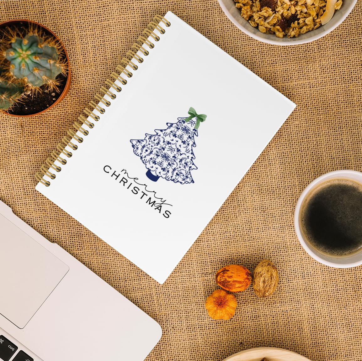Chinoiserie Christmas Notebook - Blue and White Porcelain Journal with Coquette Bow | 5.5