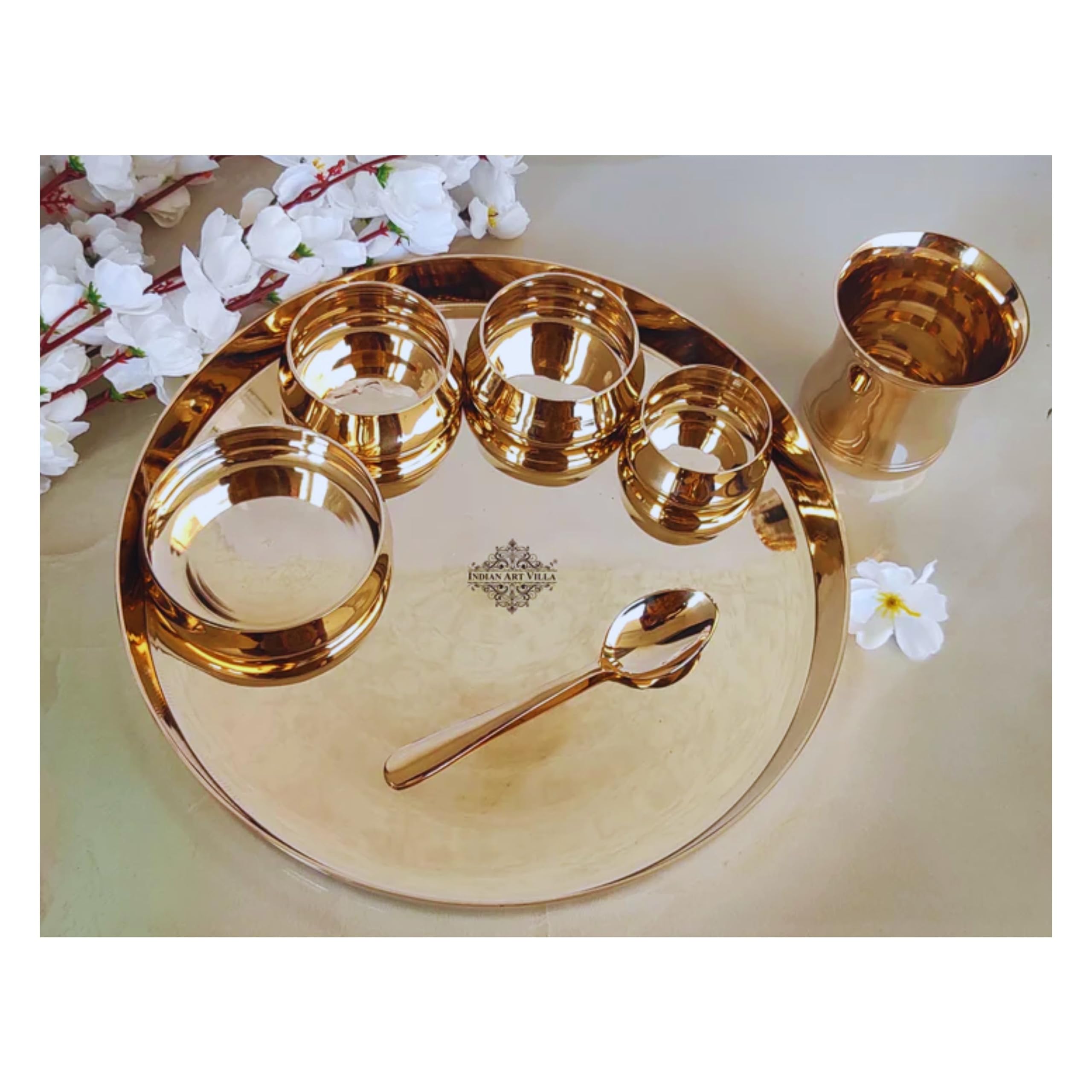 Indian Art Villa Pure Bronze 7-Piece Dinner Set - 1 Thali, 1 Glass, 1 Halwa Plate, 1 Spoon, 2 Bowls & 1 Small Chutney Bowl in Gold Finish | Elegant Dining Set for Indian Cuisine, Wedding Gifts & Home Decor