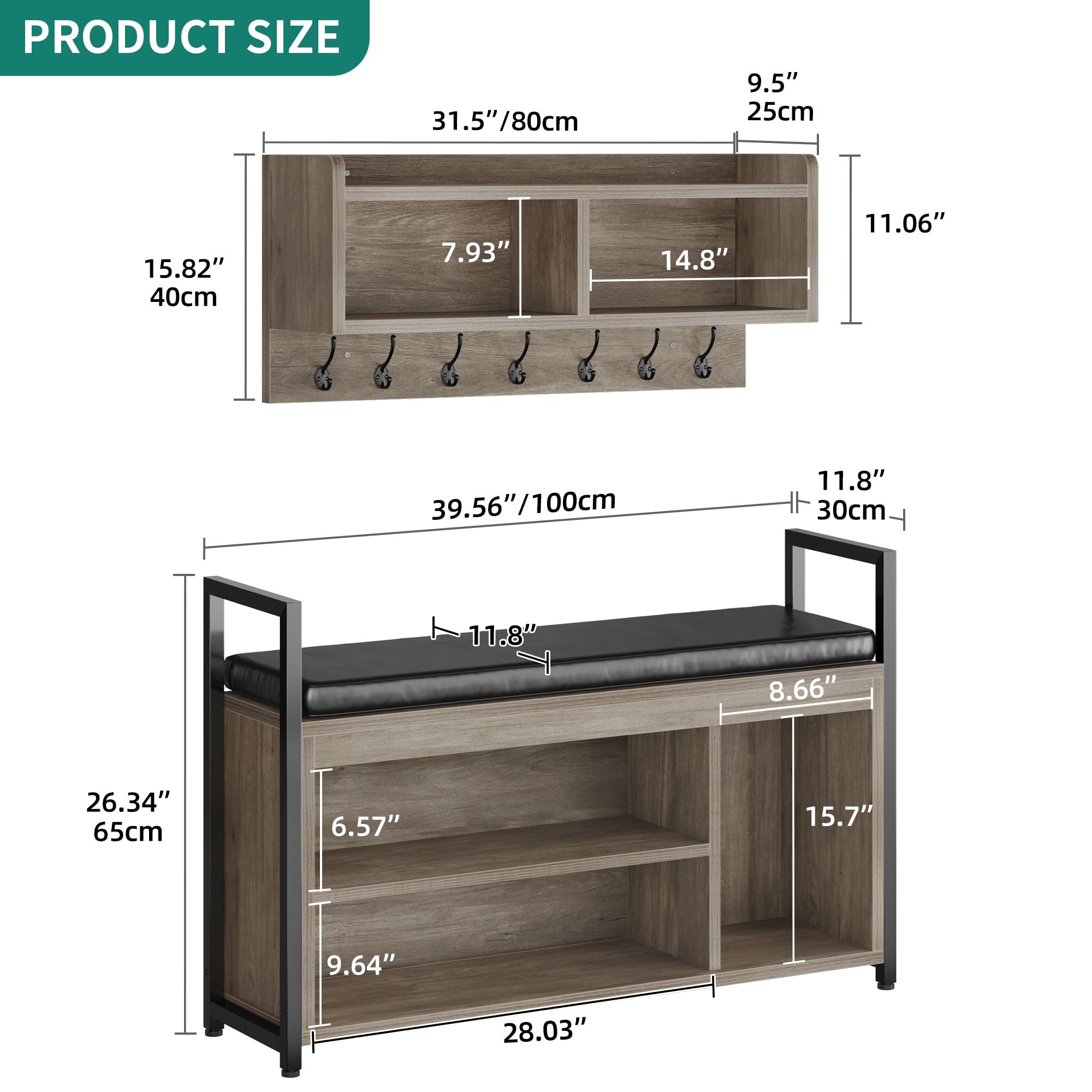 YITAHOME Industrial Hall Tree with Bench - Wall Mount Coat Rack & Shoe Storage Organizer for Entryway, Hallway - Grey | Space-Saving Entryway Solution for Small Homes & Apartments