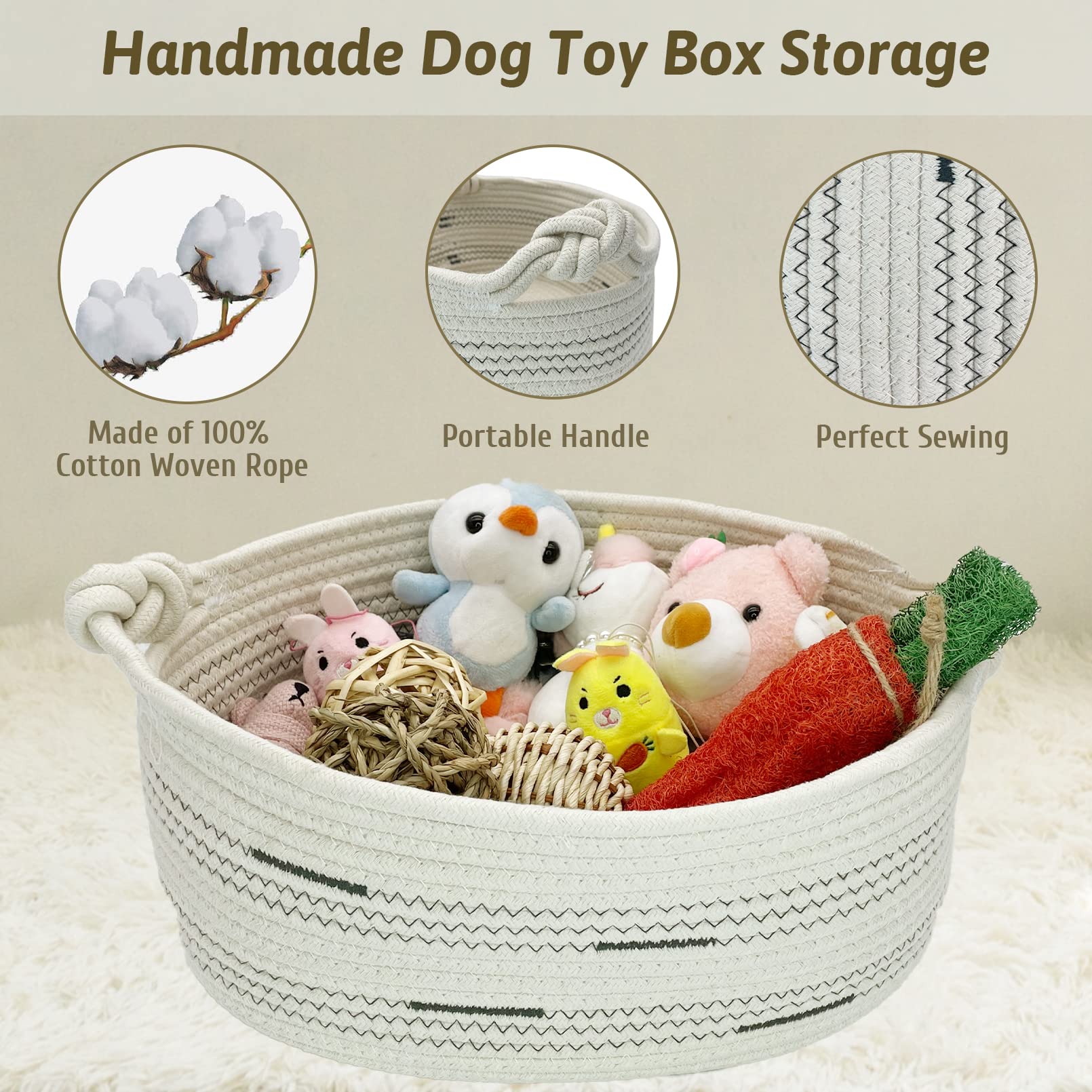 Cotton Rope Dog Toy Basket with Handle - Pet Storage Bin for Toys & Blankets - Beige