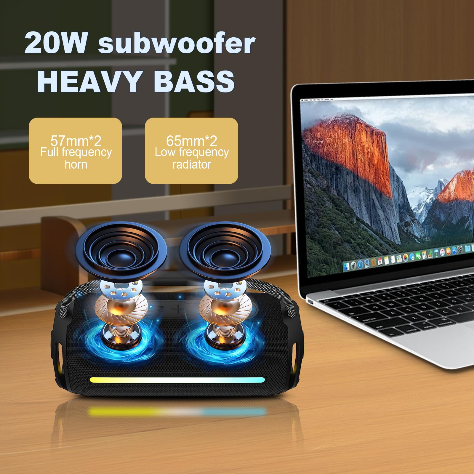 Portable Bluetooth Speaker with 20W Super Bass, Waterproof Wireless Speaker with Colorful LED Lights, TWS Pairing - Perfect for Outdoor, Beach, Party, Travel & Home Use (Blue)