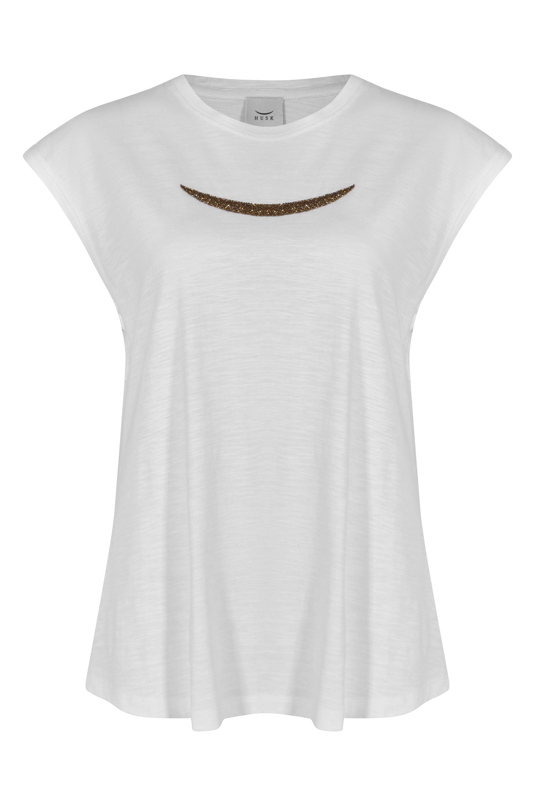 Husk Beaded T-Shirt for Women - Soft Cotton White Tee - Casual Summer Top for Beach, Travel & Everyday Wear