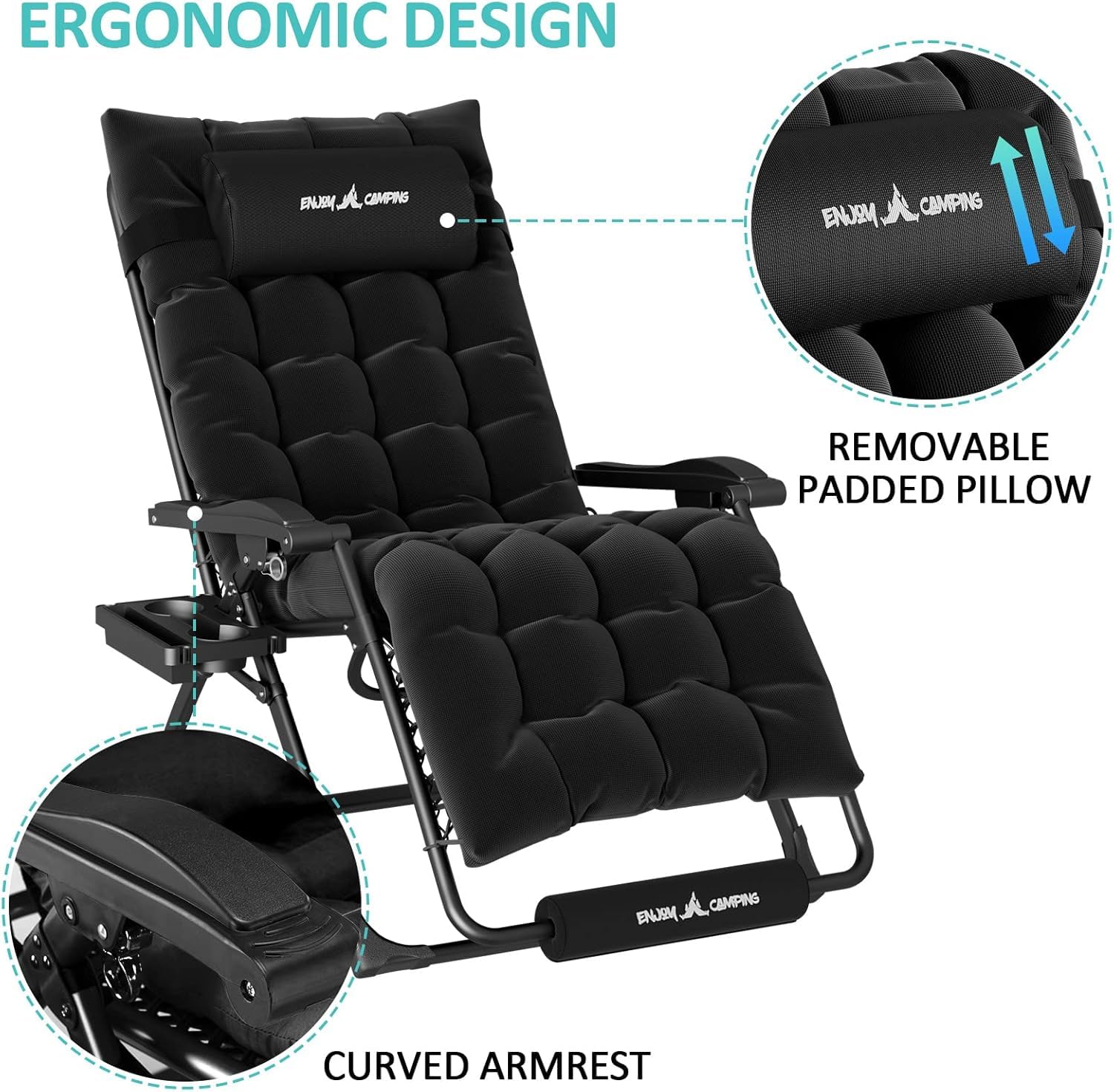 Amopatio XL Zero Gravity Lounge Chair with Cushion - Foldable Reclining Outdoor Patio Chair for Deck, Yard, Porch & Pool - Perfect for Camping, Relaxing & Sunbathing (Black)