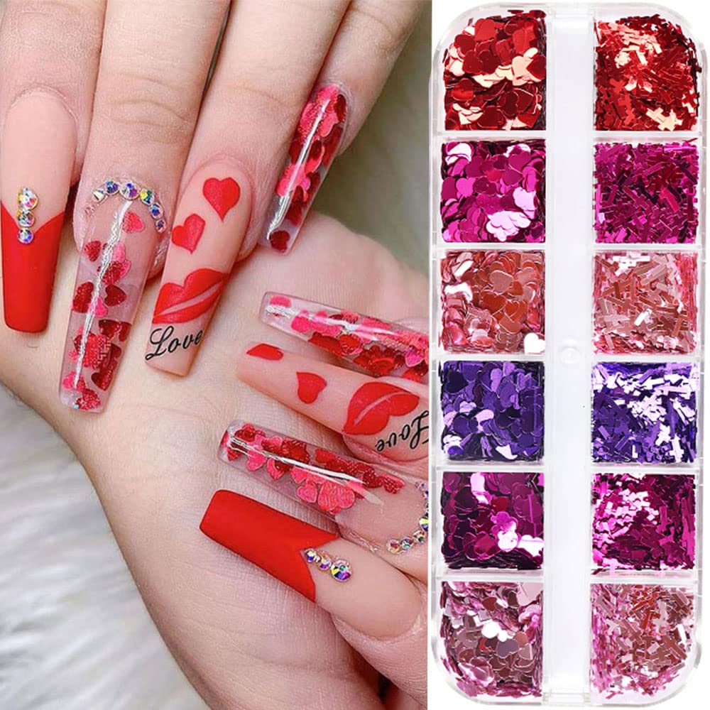 Valentine's Day 3D Holographic Heart Nail Art Glitter - Mixed Color Sparkly Sequins & Flakes for Acrylic Nail Designs, DIY Manicure Decoration | Perfect for Valentine's Gifts, Bridal Nails, Party Nail Art