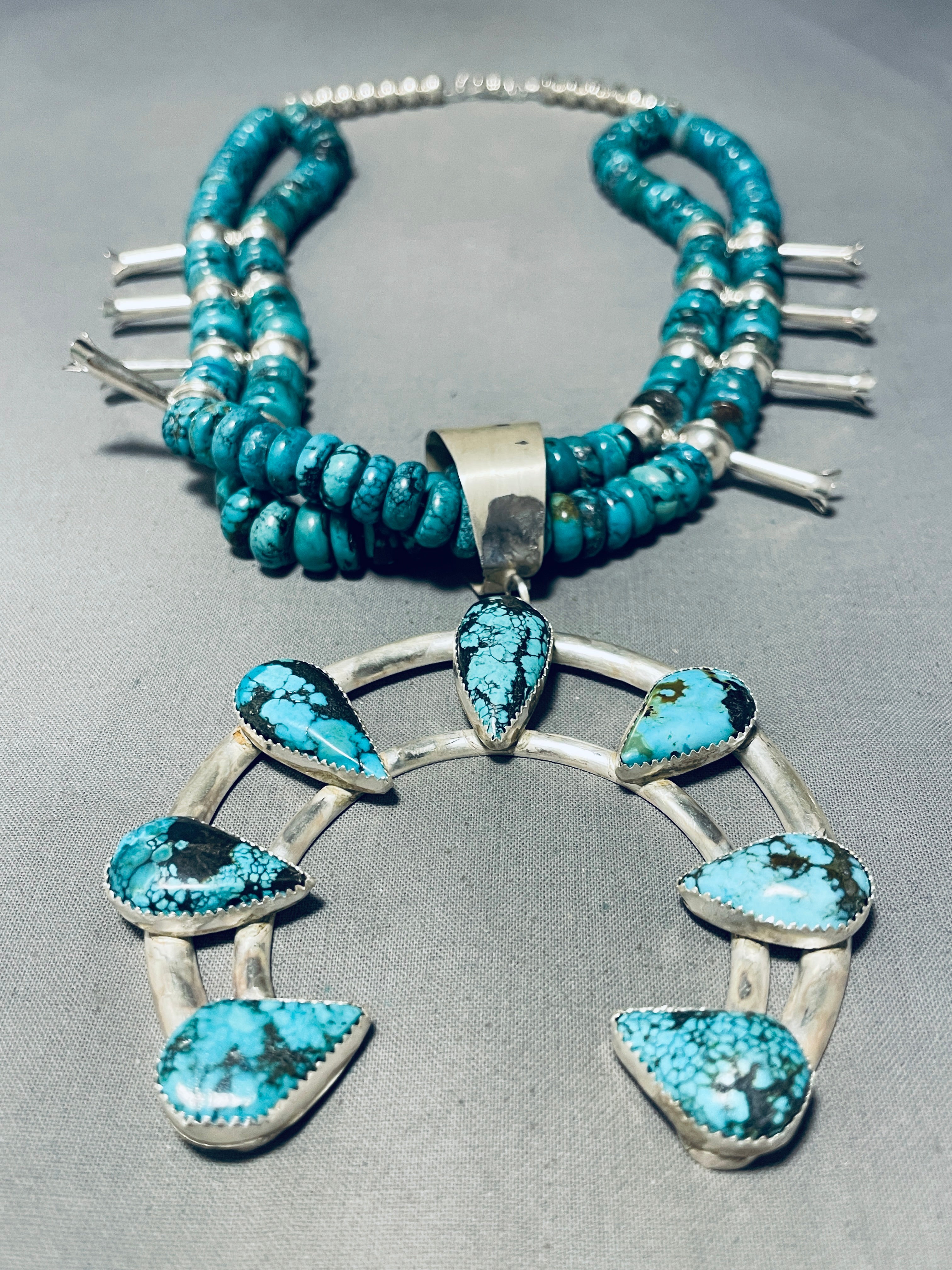 Authentic Navajo Turquoise Sterling Silver Squash Blossom Necklace - 198g Handcrafted Native American Jewelry for Women, Perfect for Boho Fashion, Weddings & Special Occasions