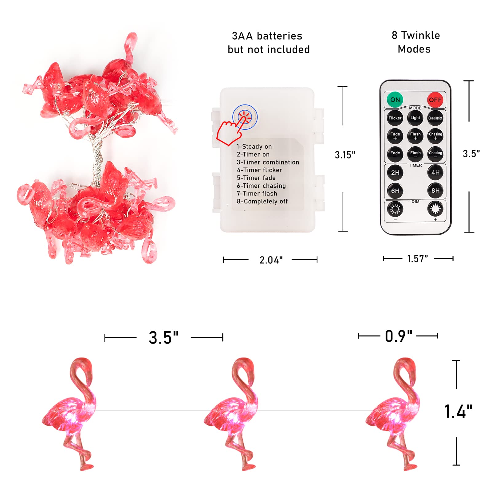 Pink Flamingo String Lights - 10ft 30LEDs Battery Operated & USB Powered with Remote Control - Tropical Fairy Lights for Home Decor, Party, Wedding, Backyard, Patio, Bedroom, and Outdoor Summer Decorations