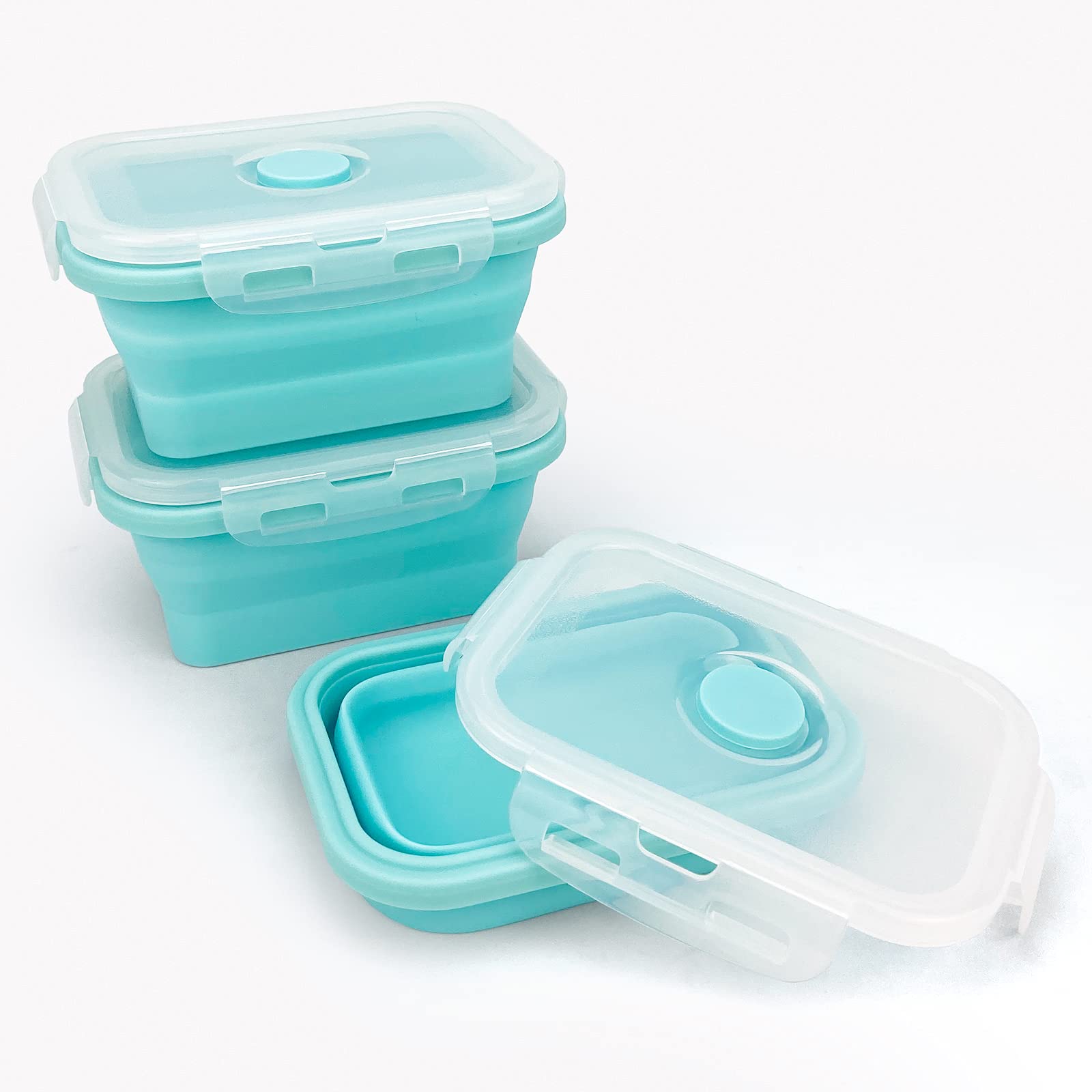 CCyanzi 3-Piece Collapsible Food Storage Containers with Lids - BPA-Free Silicone Lunch Box Set | Microwave, Freezer & Dishwasher Safe | Space Saving for Kitchen, Office, Camping & Travel (Blue)