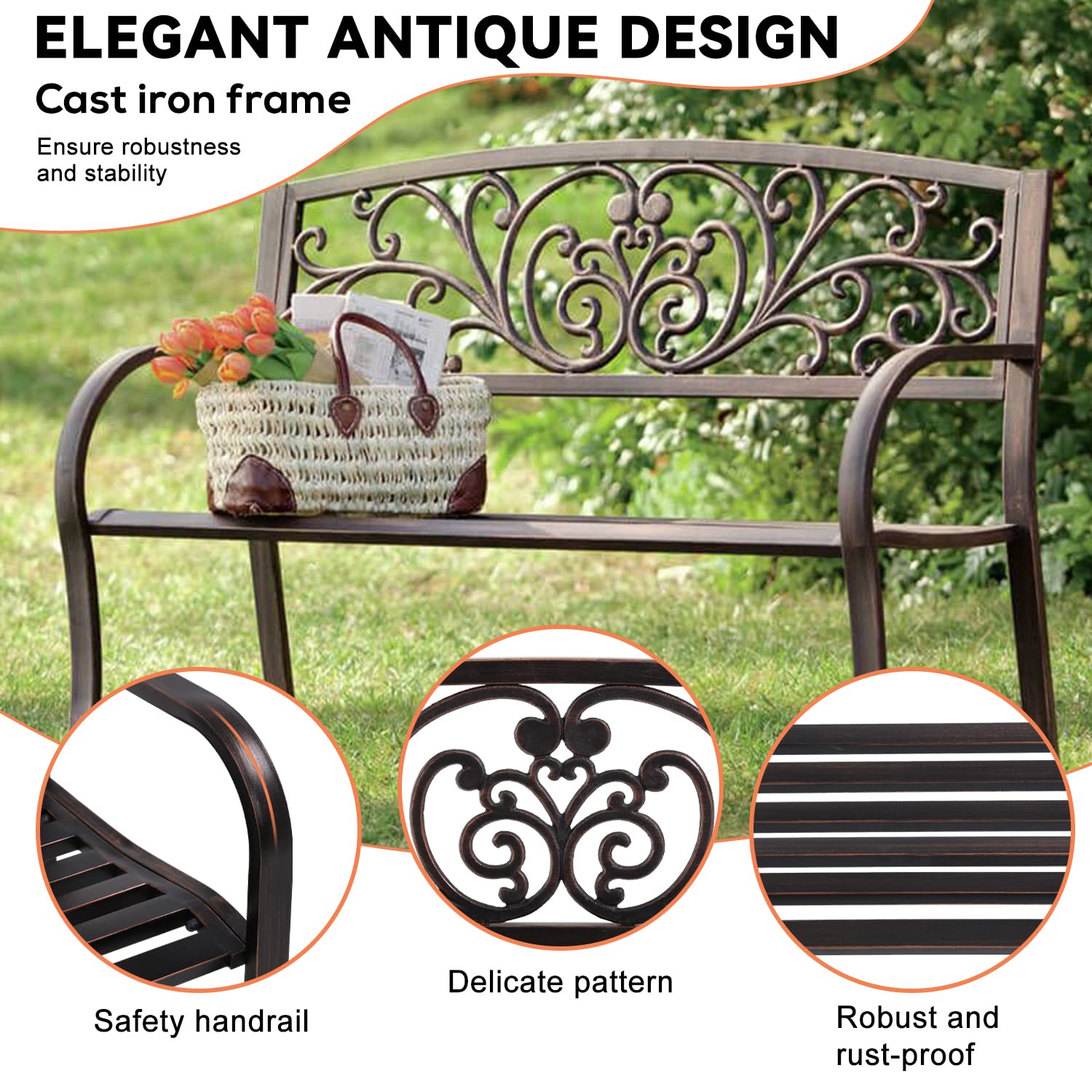 Heavy-Duty Rust-Proof Cast Iron Outdoor Park Bench - 50