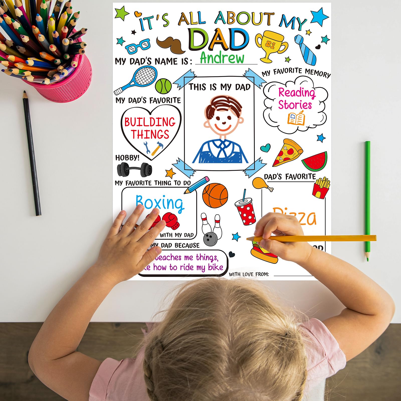 24 Pcs DIY Father's Day Coloring Posters - Kids Craft Gifts for Preschool & Elementary Students - Perfect for School & Home Activities