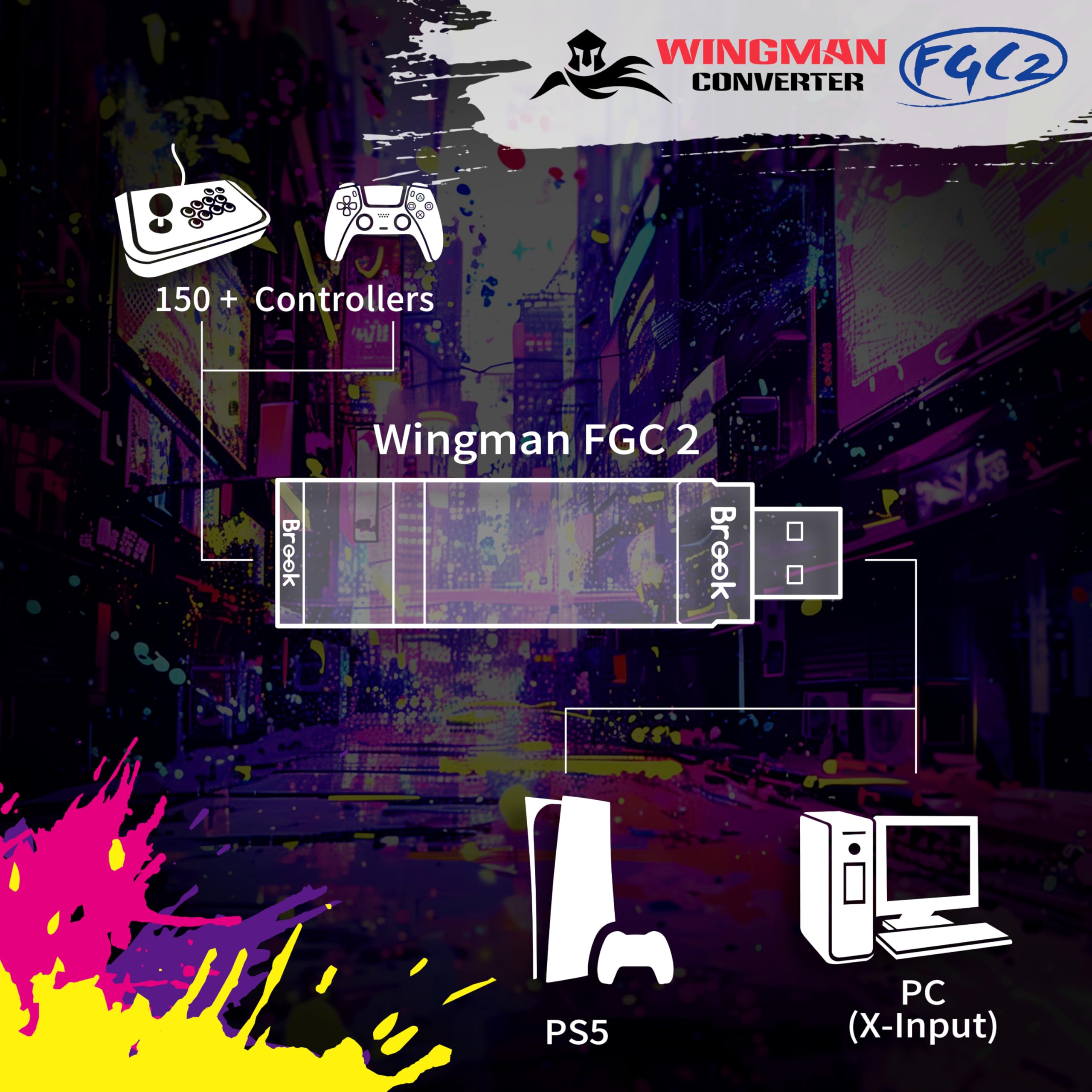 Brook Wingman FGC2 Converter - Arcade Joystick to PS5 & PC Gamepad Adapter | Compatible with All PS5 Games | Perfect for Fighting Games & Esports Tournaments