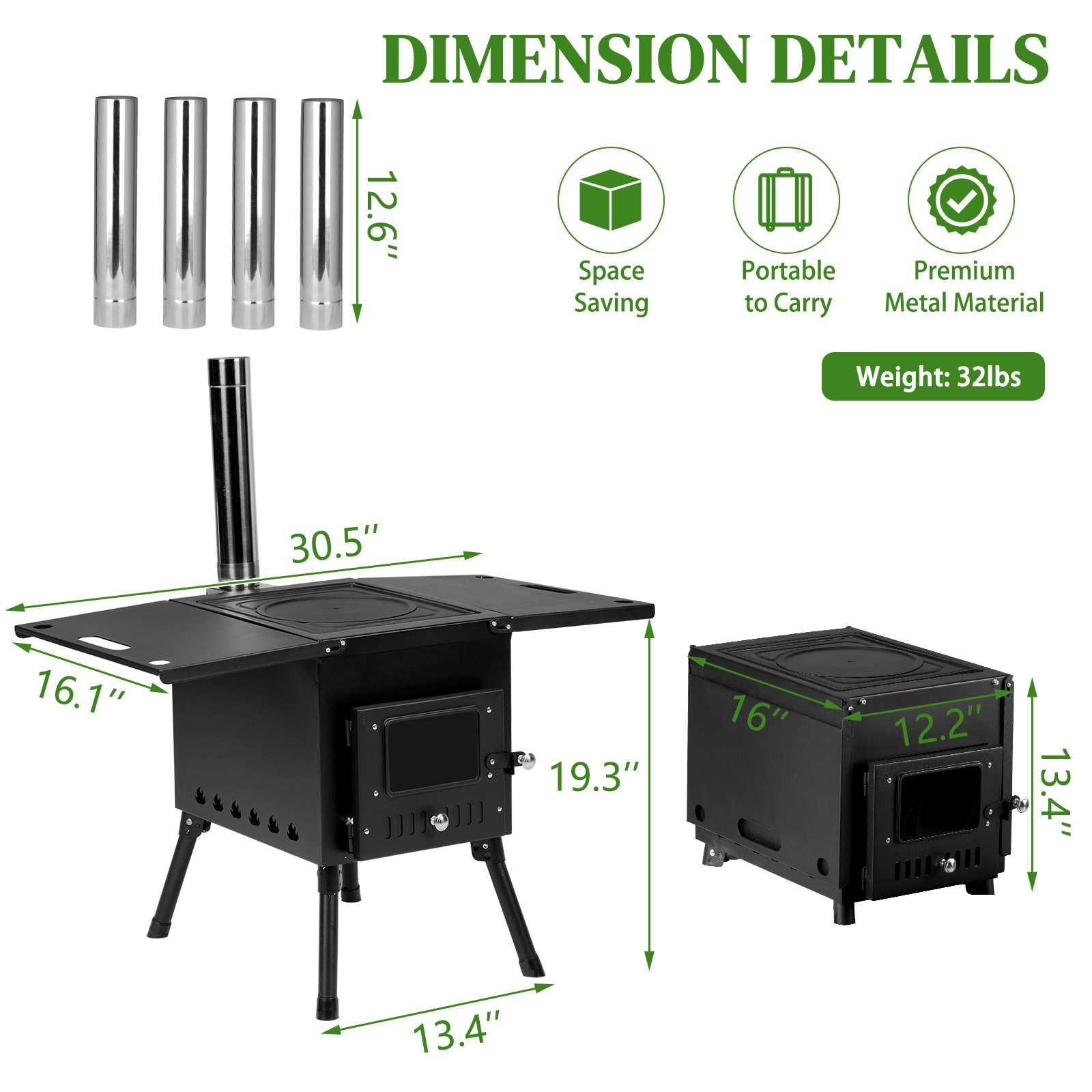 Portable Wood Burning Camping Stove - Foldable Iron Panel Tent Stove with Chimney Pipes for Outdoor Heating, Cooking & Survival (30.5