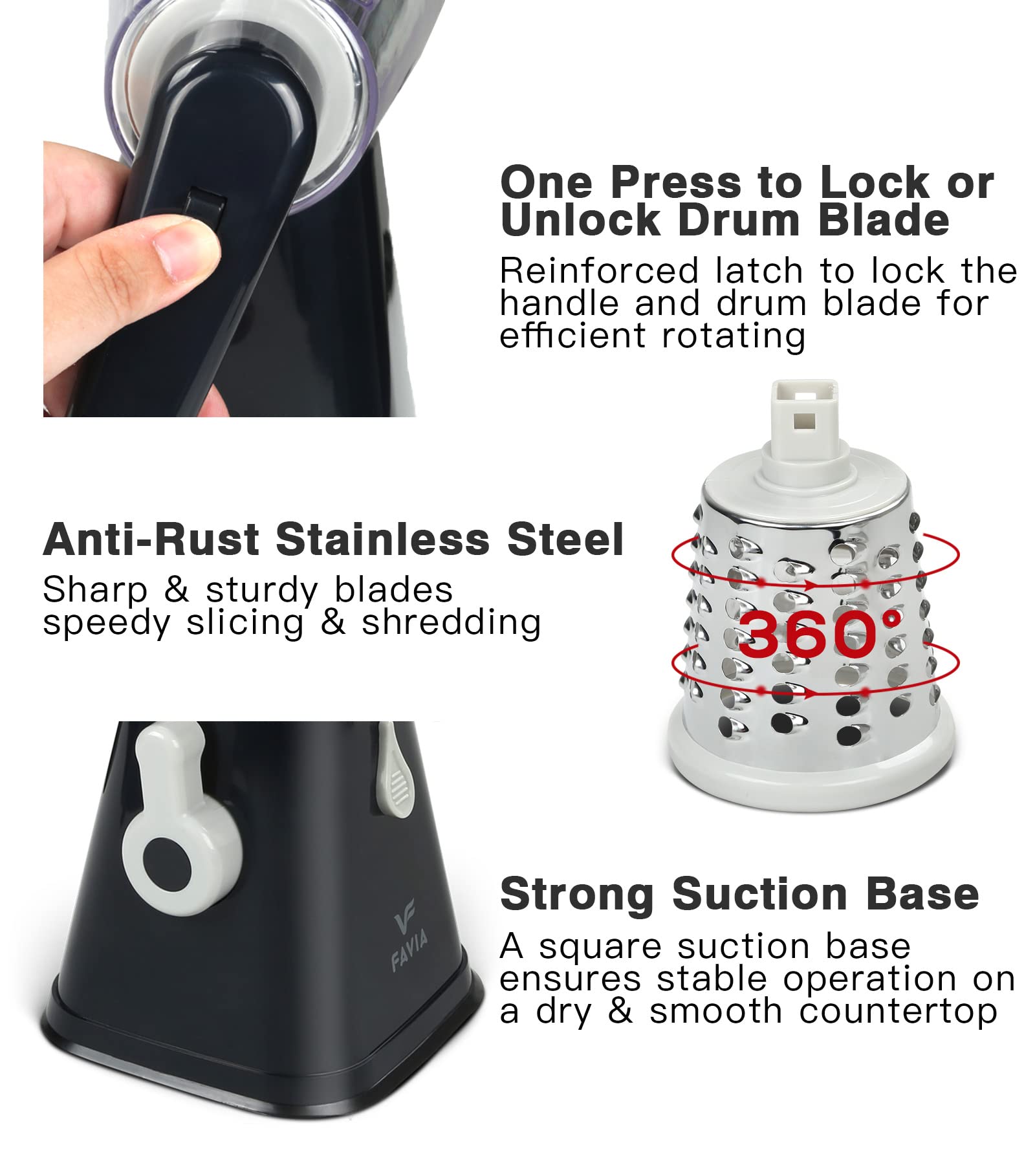 Premium Rotary Cheese Grater & Vegetable Slicer - 3 Interchangeable Blades for Shredding, Grating & Slicing - Easy Clean Kitchen Mandoline for Cheese, Fruits, Veggies & Nuts (Black & Grey) - Perfect for Meal Prep, Salads & Cooking at Home