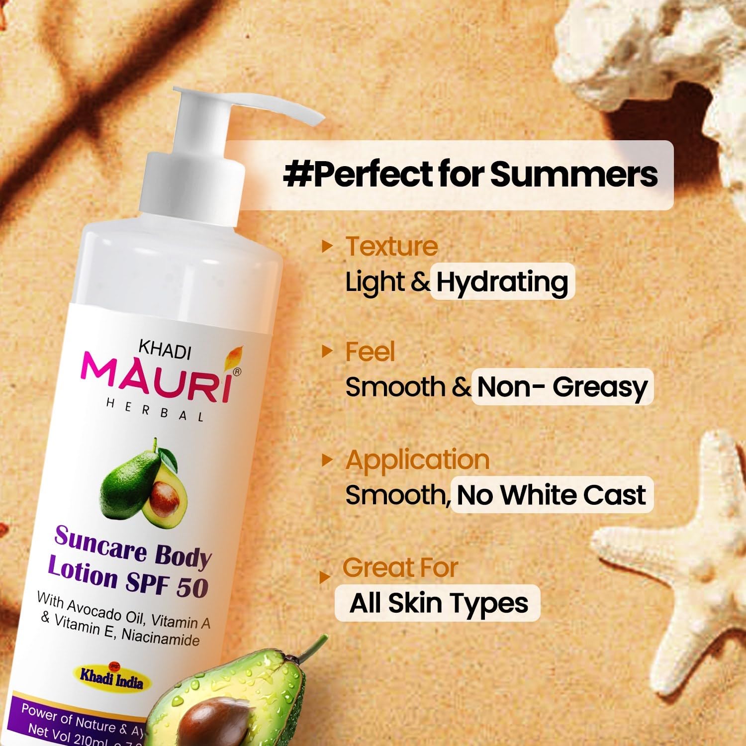 Khadi Mauri Herbal Suncare Body Lotion SPF 50 - Broad Spectrum Sunscreen with Avocado Oil, Vitamin A, E & Niacinamide | Hydrating & Nourishing Skin Care for Dry Skin | 210 ml | Perfect for Beach, Pool & Outdoor Activities