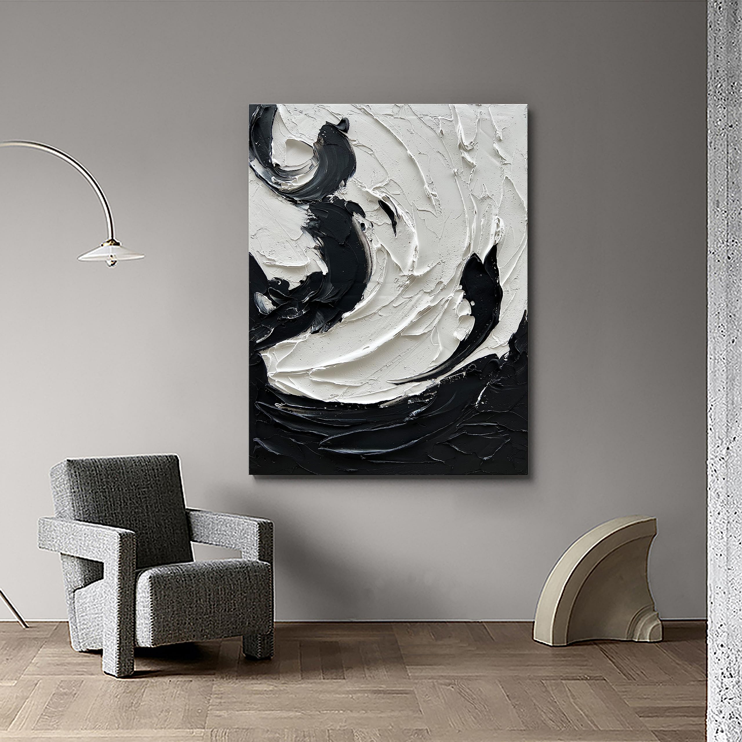NANKAI 40x28 Inches Hand Painted Modern Abstract Oil Painting - Minimalist Black and White Wall Art with Thick Texture - Perfect for Living Room, Bedroom & Office Decor