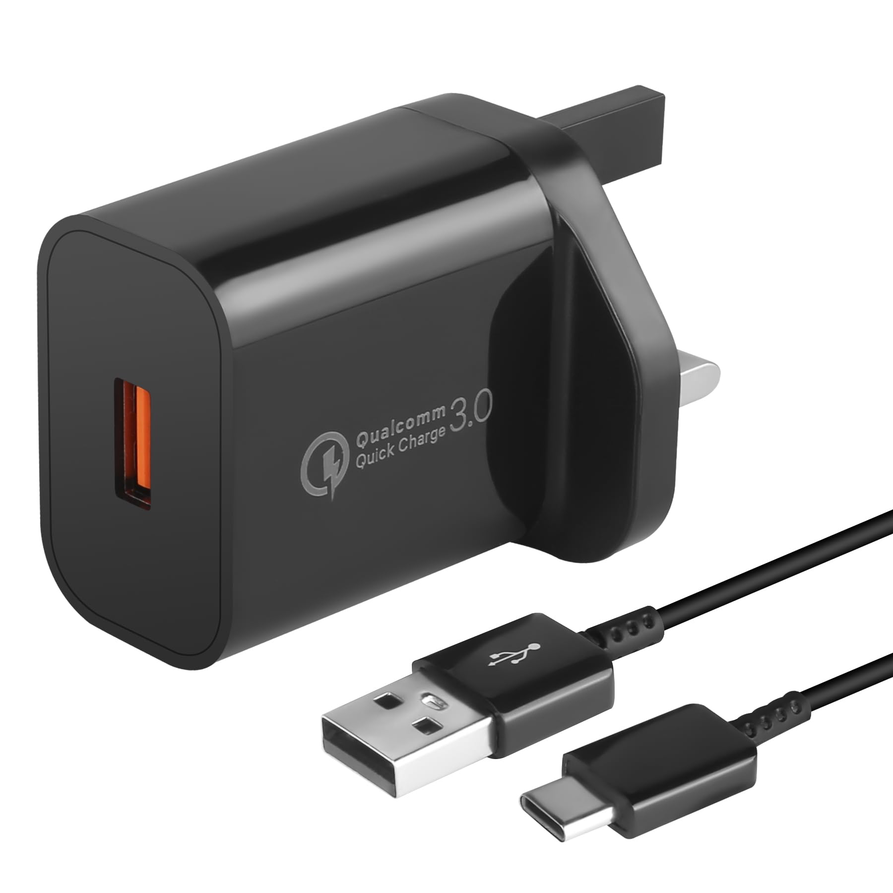 Fast Charging USB Wall Plug with Type C Cable - QC3.0 Compatible for Samsung Galaxy A14/A15/A20E/A23/A34/A53/A54/A04S/A40/S21/S20 FE/S10E/S9, iPhone 15, Pixel 6a, Moto E13/G53 - Perfect for Home, Office & Travel Charging (Black)