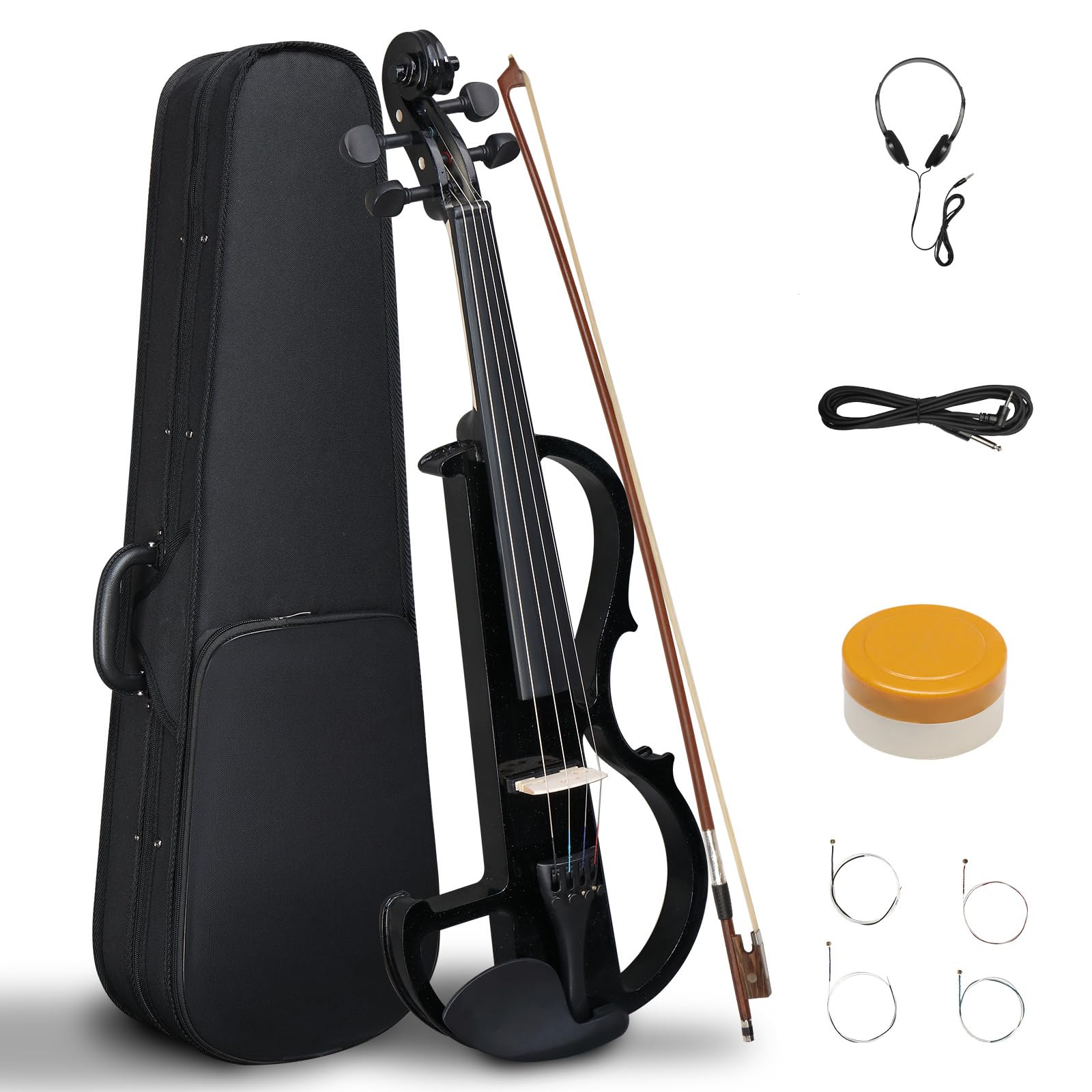 4/4 Full Size Electric Violin - Black Silent Solid Wood Violin with Metallic Finish | Includes Case, Bow, Rosin, Headphone & Cable | Perfect for Practice, Performances & Studio Recording