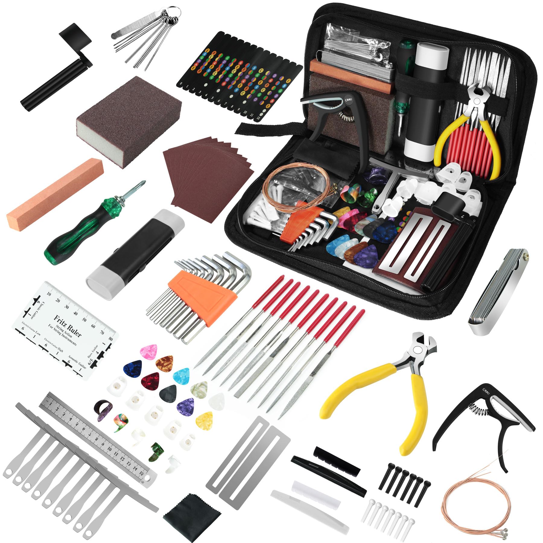 106Pcs Guitar Tool Kit - Complete Guitar Maintenance & Repair Set with Capo, Strings, Picks, Bridge Pins & Gauge | Professional Guitar Setup Kit for Acoustic/Electric Guitar, Ukulele, Bass, Mandolin & Banjo | Perfect for Musicians, Beginners & DIY Guitar Care
