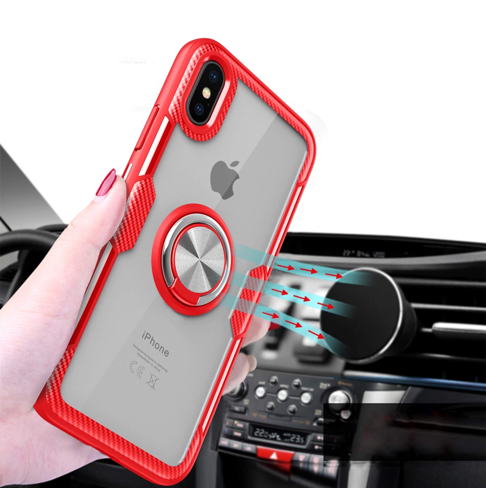 SORAKA Clear Slim Fit Hard PC Case for iPhone X/Xs with Ring Holder & Metal Plate - Magnetic Car Mount Compatible - Perfect for Driving, Work & Everyday Use