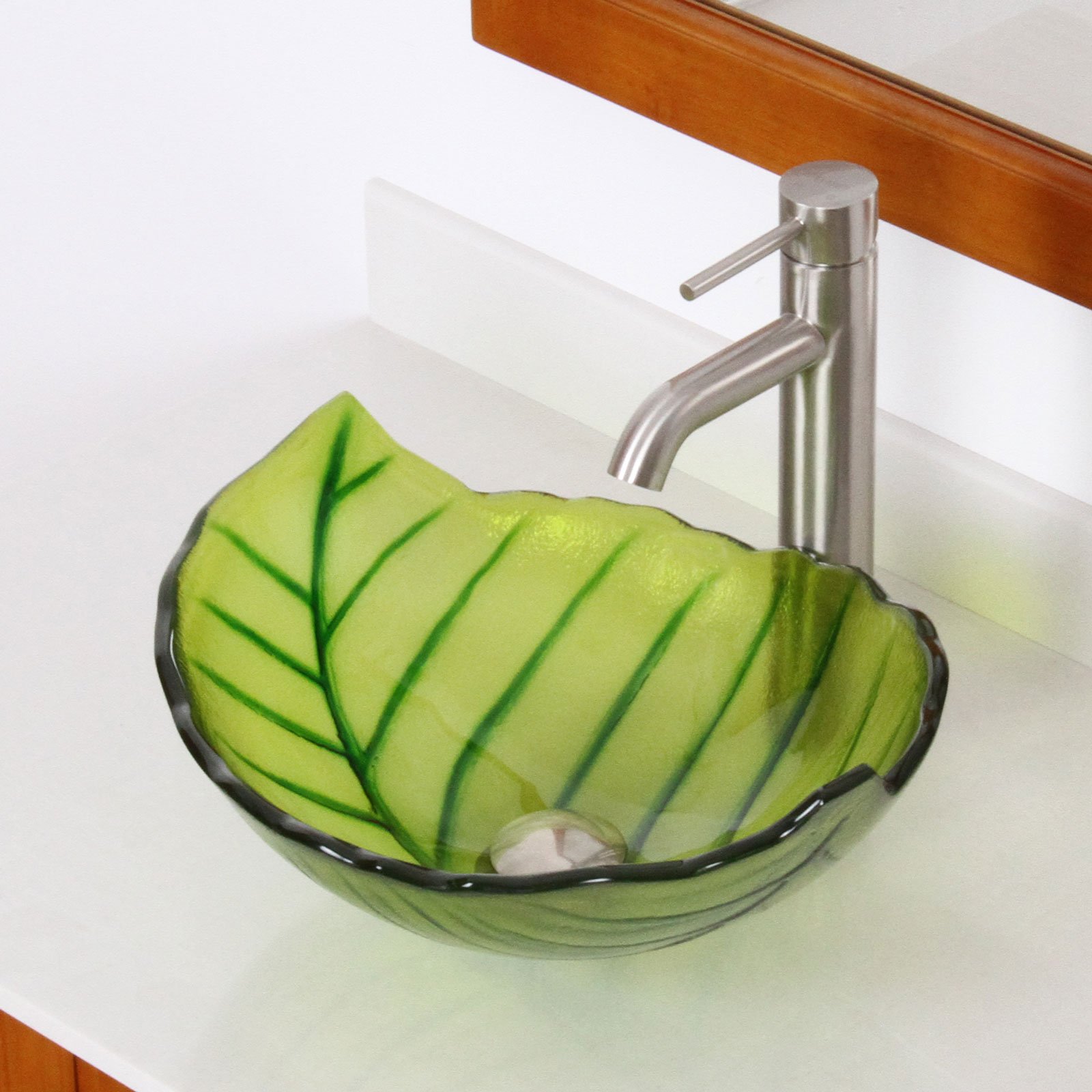 Premium Spring Leaves Design Tempered Glass Vessel Sink with Brushed Nickel Single Lever Faucet - Modern Bathroom Vanity Set for Spa-Like Luxury (Perfect for Master Bath, Guest Bath & Powder Room Renovations)