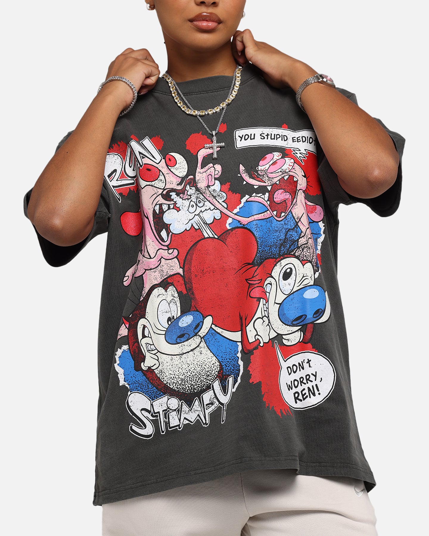 Vintage Nickelodeon Ren & Stimpy Graphic T-Shirt - Black Distressed Heavy Cotton Tee for Men & Women - Perfect for Casual Wear, Cosplay & 90s Cartoon Fans