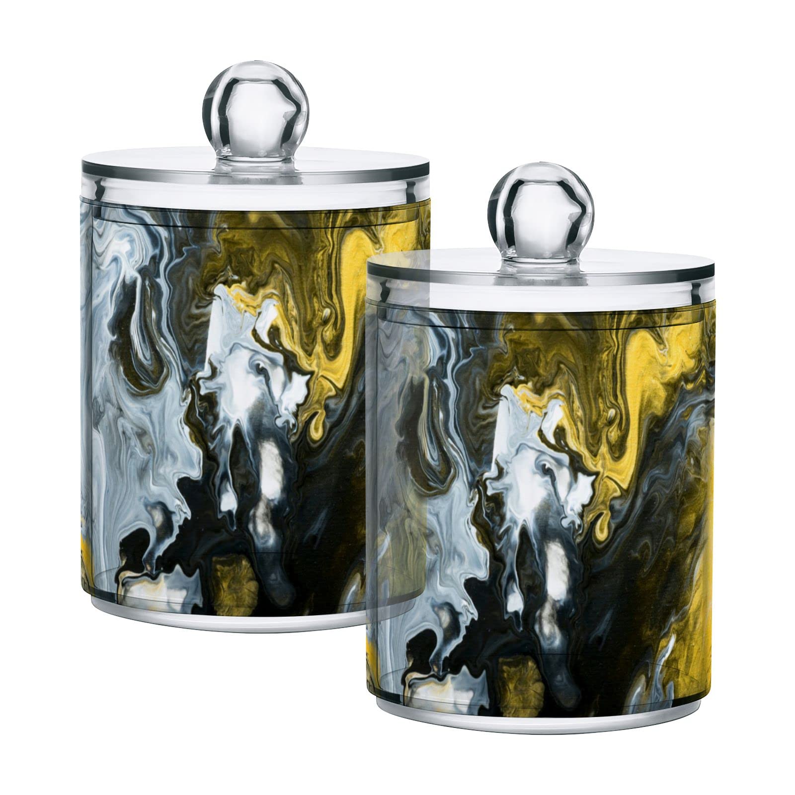 Set of 4 Abstract Hand-Painted Marble Plastic Storage Jars with Lids - 10oz Translucent Food Containers in Black, White & Gold for Tea, Cookies, Cotton Swabs | Kitchen Pantry Organization & Home Decor