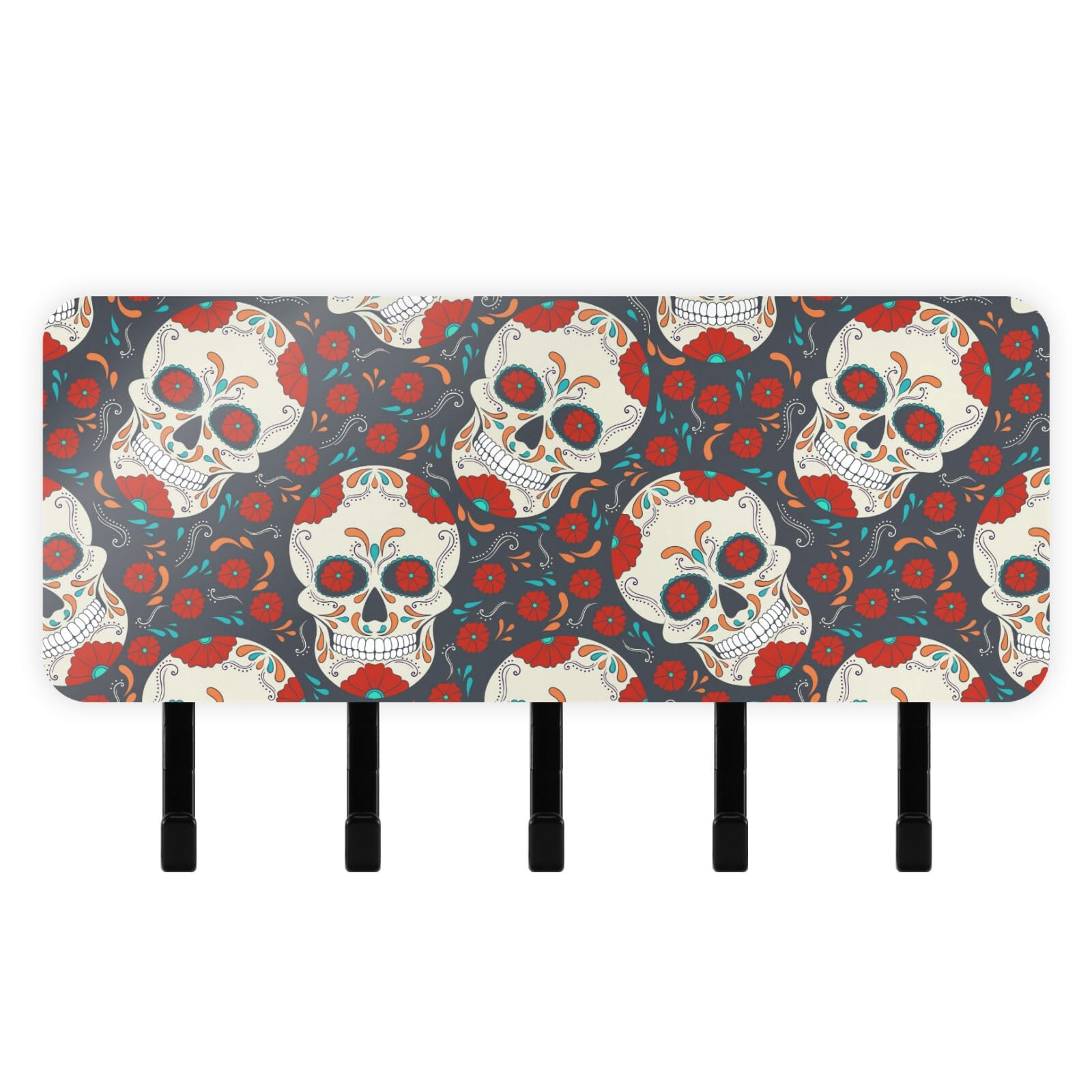 Wall Mounted Skull with Flowers Key Holder - 5 Key Hooks for Entryway, Mudroom & Living Room - Decorative Wall Organizer for Keys & Mail