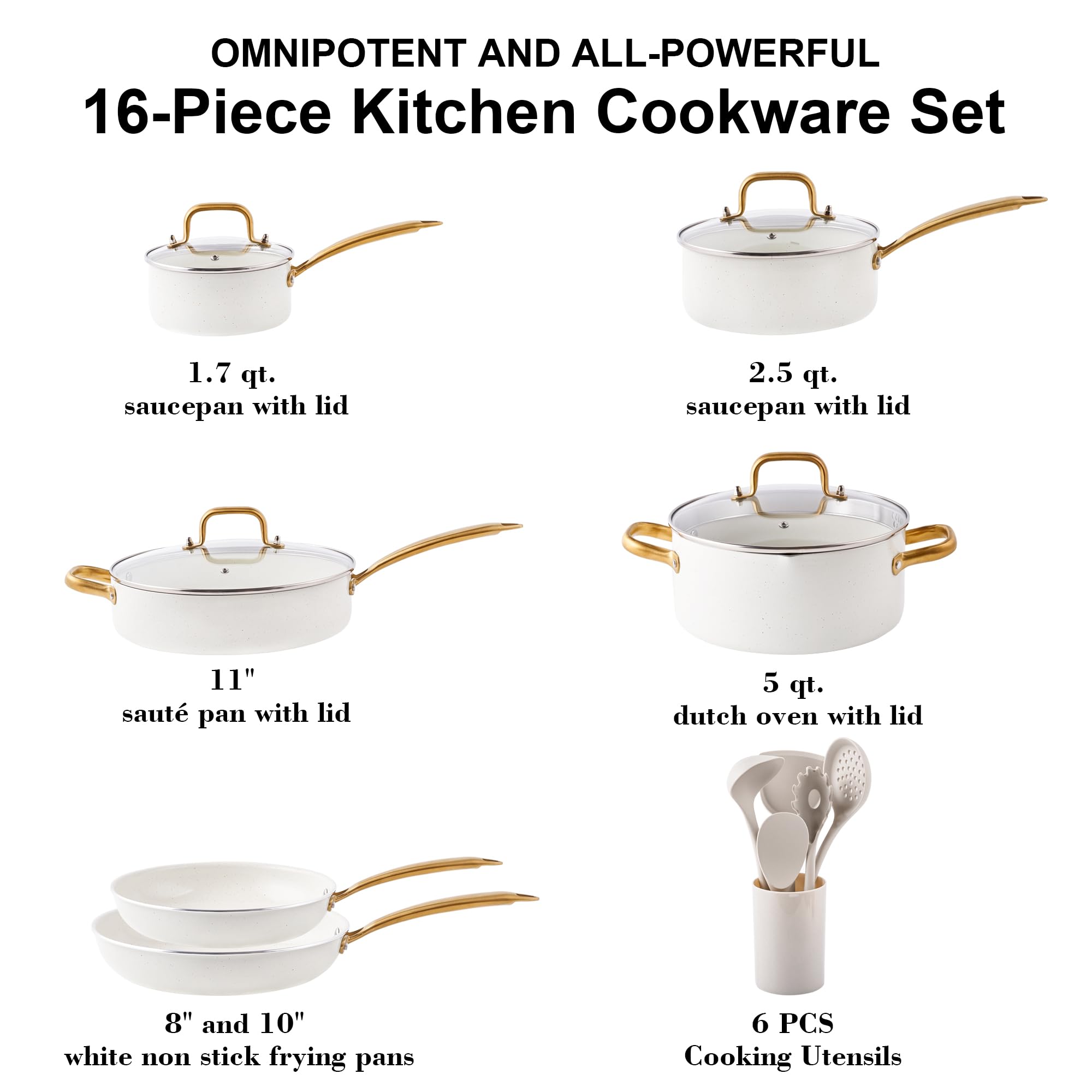 16-Piece Nonstick Cookware Set - Non-Toxic Pots & Pans with Dutch Oven, Frying Pan, Saucepan & Sauté Pan | Granite Coating Kitchen Cookware Set with Cooking Utensils | Perfect for Home Cooking, Gift Giving & Professional Chefs