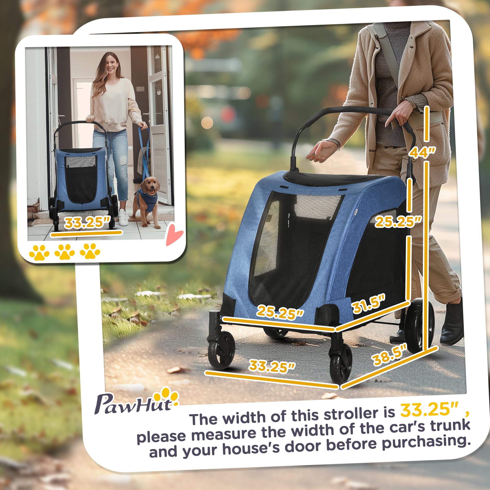 PawHut 4-Wheel Folding Pet Stroller for Medium & Large Dogs - Universal Wheels, Storage Basket & Safety Leash - Blue | Perfect for Outdoor Walks, Vet Visits & Shopping Trips