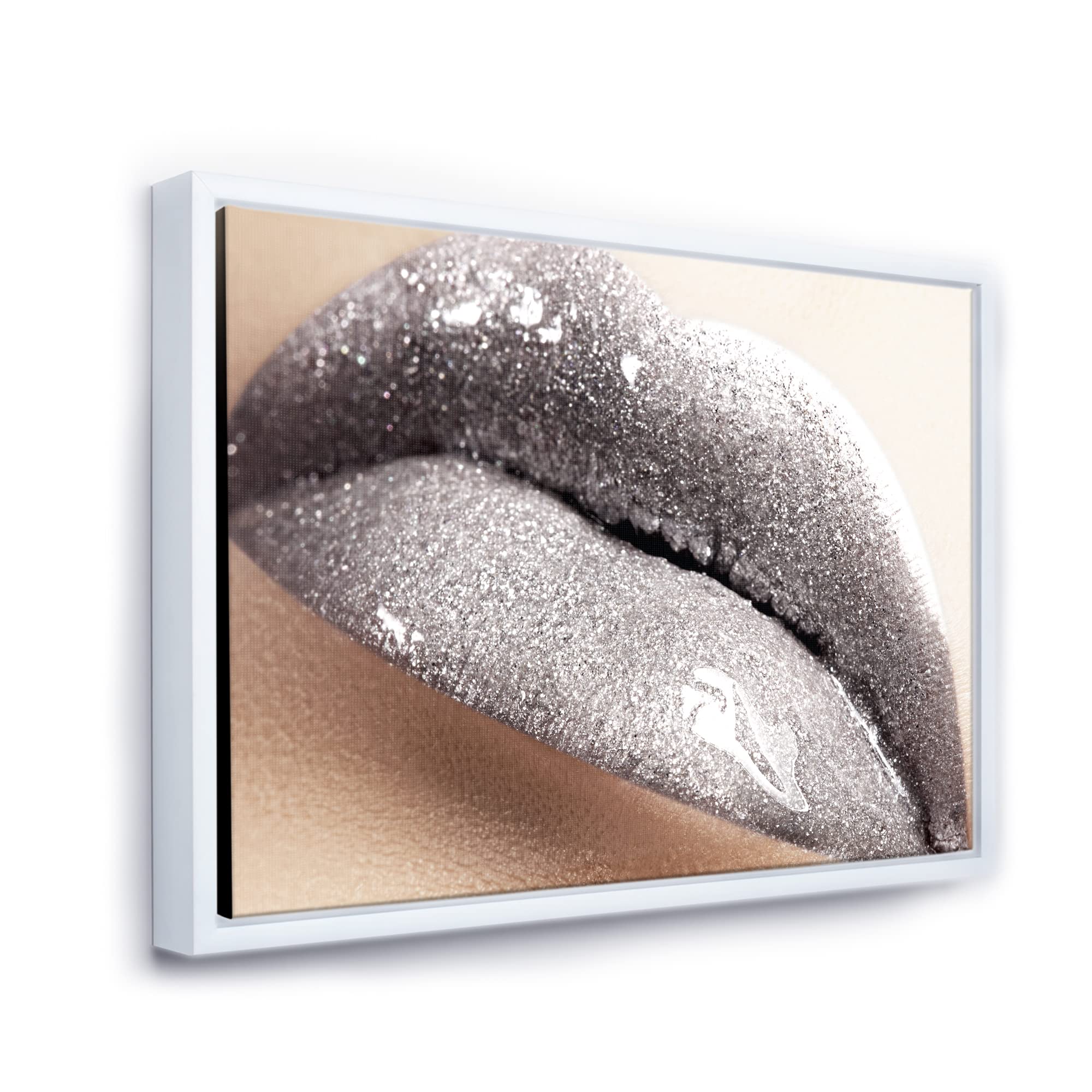 Glittering Silver Lips Modern Framed Canvas Wall Art Print - Elegant Home Decor for Living Room, Bedroom & Office