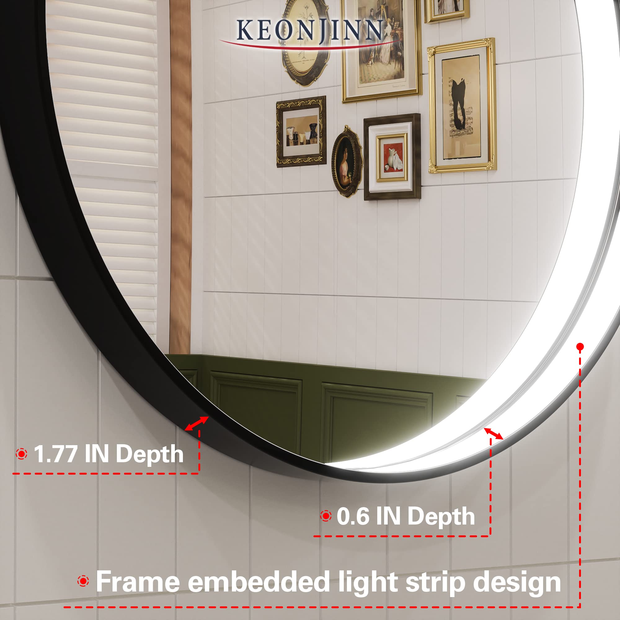 Keonjinn 24 Inch Round LED Bathroom Mirror with Dimmable Frontlit Lights - Black Metal Framed Wall Mirror with Defogging Function - 6000K White Light Vanity Makeup Mirror for Bathroom, Bedroom & Dressing Room