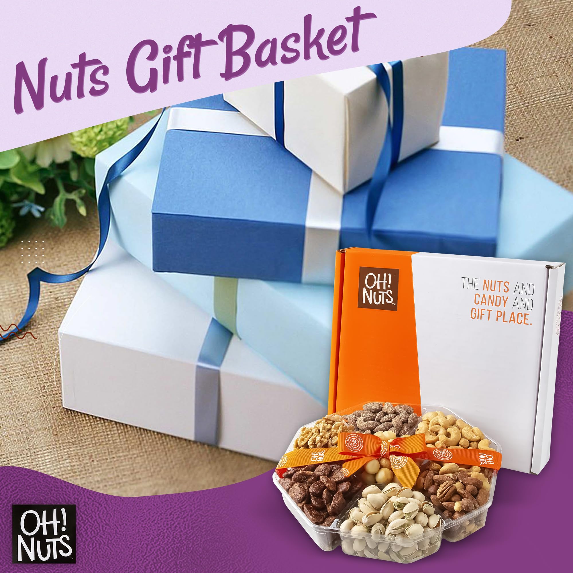 Premium 2.2 LB Mixed Nuts Gift Basket - 7 Variety Freshly Roasted Nut Collection for Holidays, Birthdays & Corporate Gifts - Luxury Snack Tray for Parties, Anniversaries & Office Events - Perfect Gourmet Gift for Men & Women (Oh Nuts) - Great for Holiday Entertaining, Office Snacking & Thoughtful Gift Giving