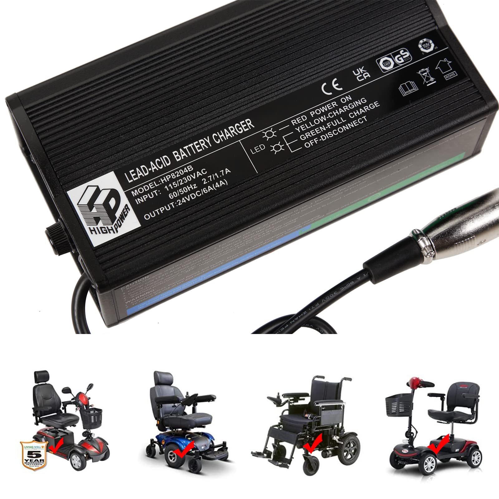 24V 4.0A XLR HP8204B Lead-Acid Battery Charger for Electric Wheelchairs & Mobility Scooters - Fast Charging, Safe & Reliable Power Solution for Home & Outdoor Use