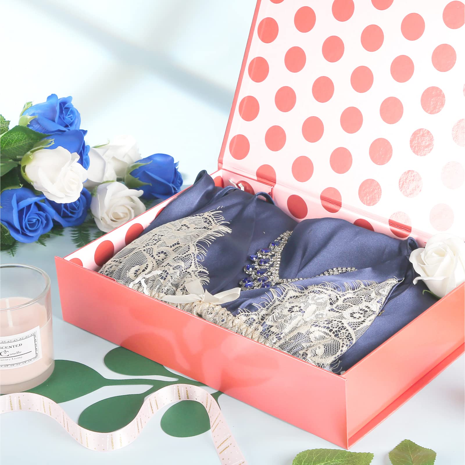 Luxury Rose Gold Gift Box with Magnetic Closure - 11x7.8x2.3 Inches Elegant Present Box for Jewelry, Watches, Shirts & Clothing (Glossy Metallic Finish, Polka Dot Interior Design) - Perfect for Birthdays, Anniversaries, Weddings & Special Occasions