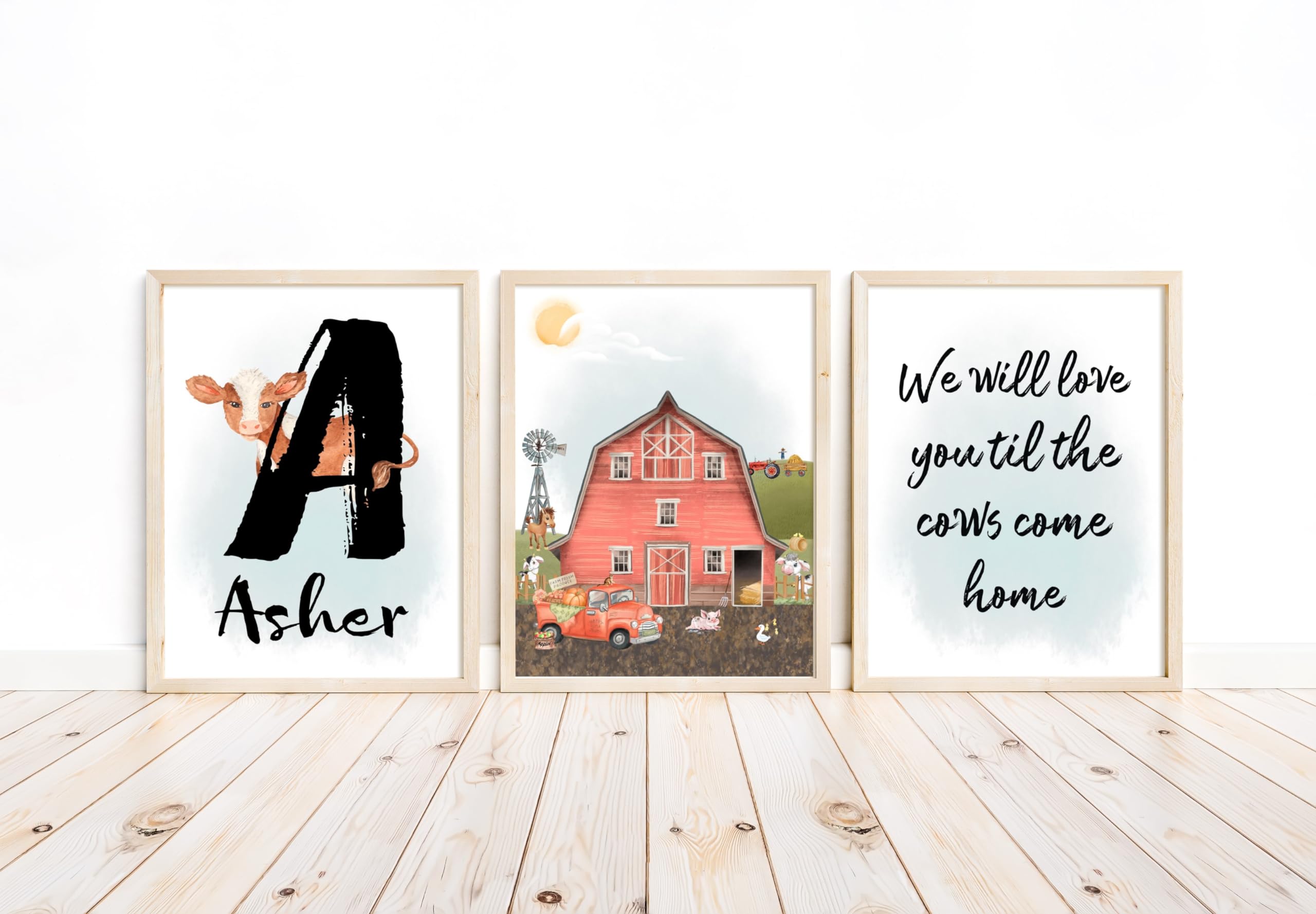 Personalized Farm Cow Nursery Decor Set of 3 Unframed Farmhouse Prints - We Will Love You Till The Cows Come Home - Perfect for Baby Shower Gifts, Kids Room Wall Art & Farmhouse Themed Nursery Decor