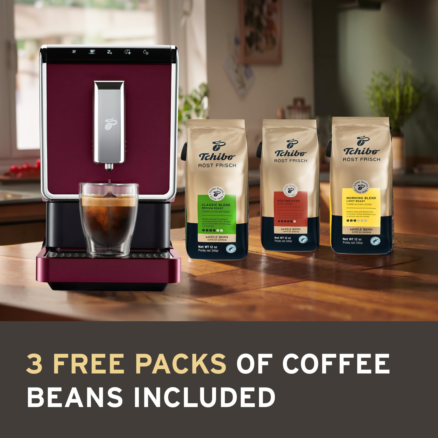 Tchibo Automatic Espresso Coffee Machine with Built-in Grinder - 3 x 12 oz Whole Bean Coffee Bundle, Red | Perfect for Home Kitchen, Office Break Room & Small Cafes