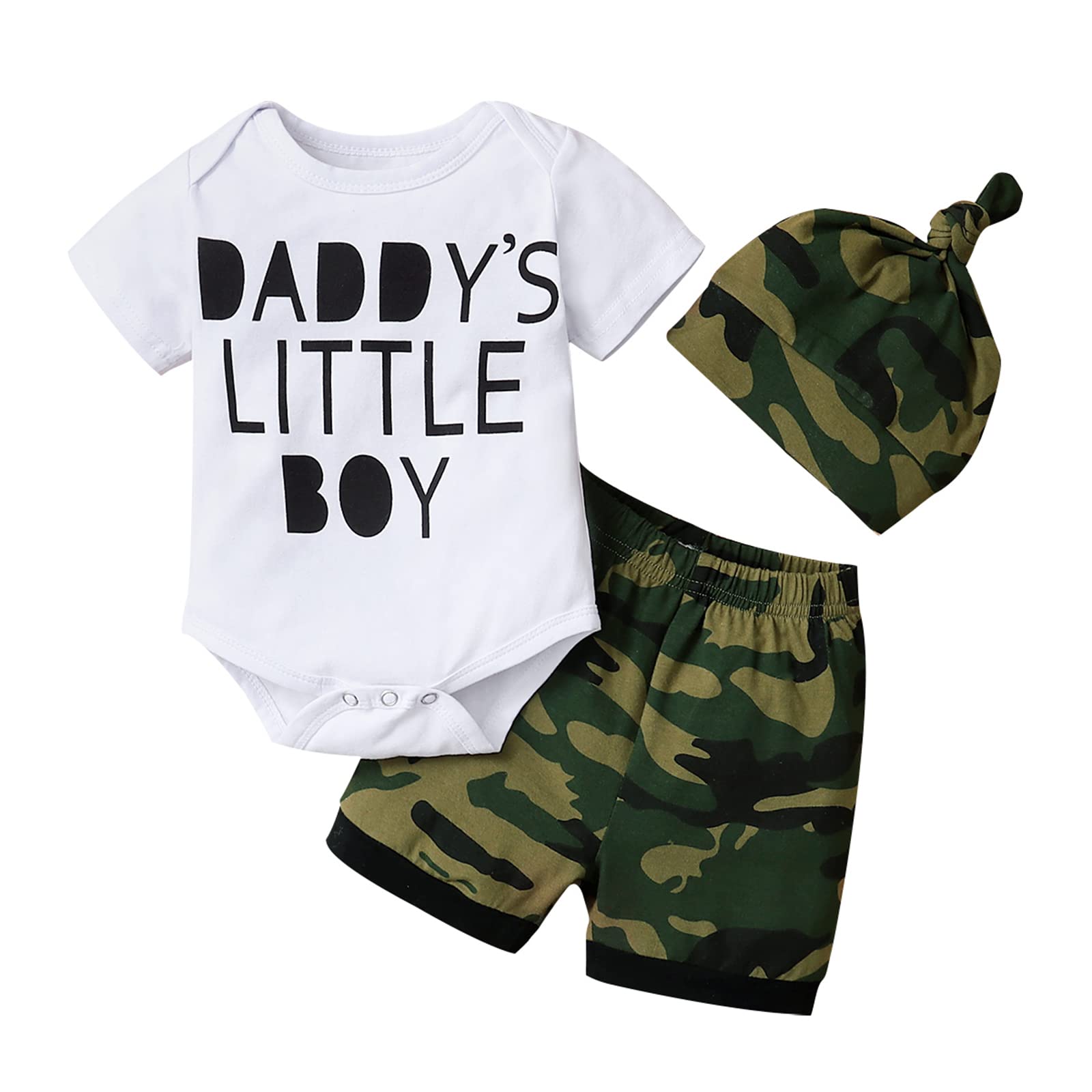 Daddy's Little Boy Baby Romper Set - Short Sleeve Outfit with Matching Shorts & Hat | Cute Infant Boys' Summer Outfit for Playdates, Photoshoots & Family Gatherings