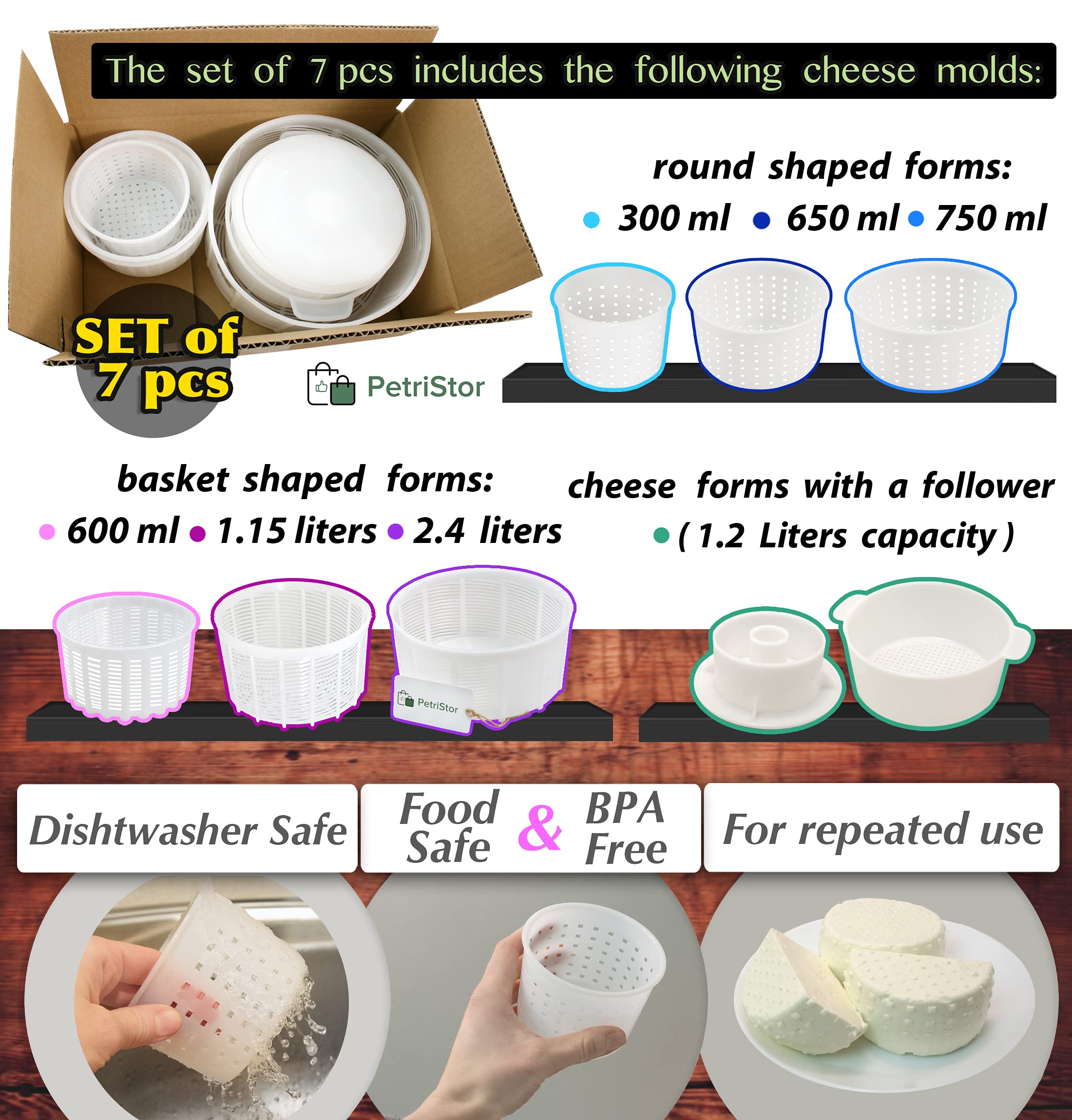 PetriStor 7-Piece Cheese Making Kit for Beginners - Soft Cheese Molds with Follower Piston - Cream Cheese Form Mold Basket - DIY Homemade Mozzarella, Ricotta & Goat Cheese Supplies (Perfect for Home Cheesemaking, Gifts & Culinary Classes)
