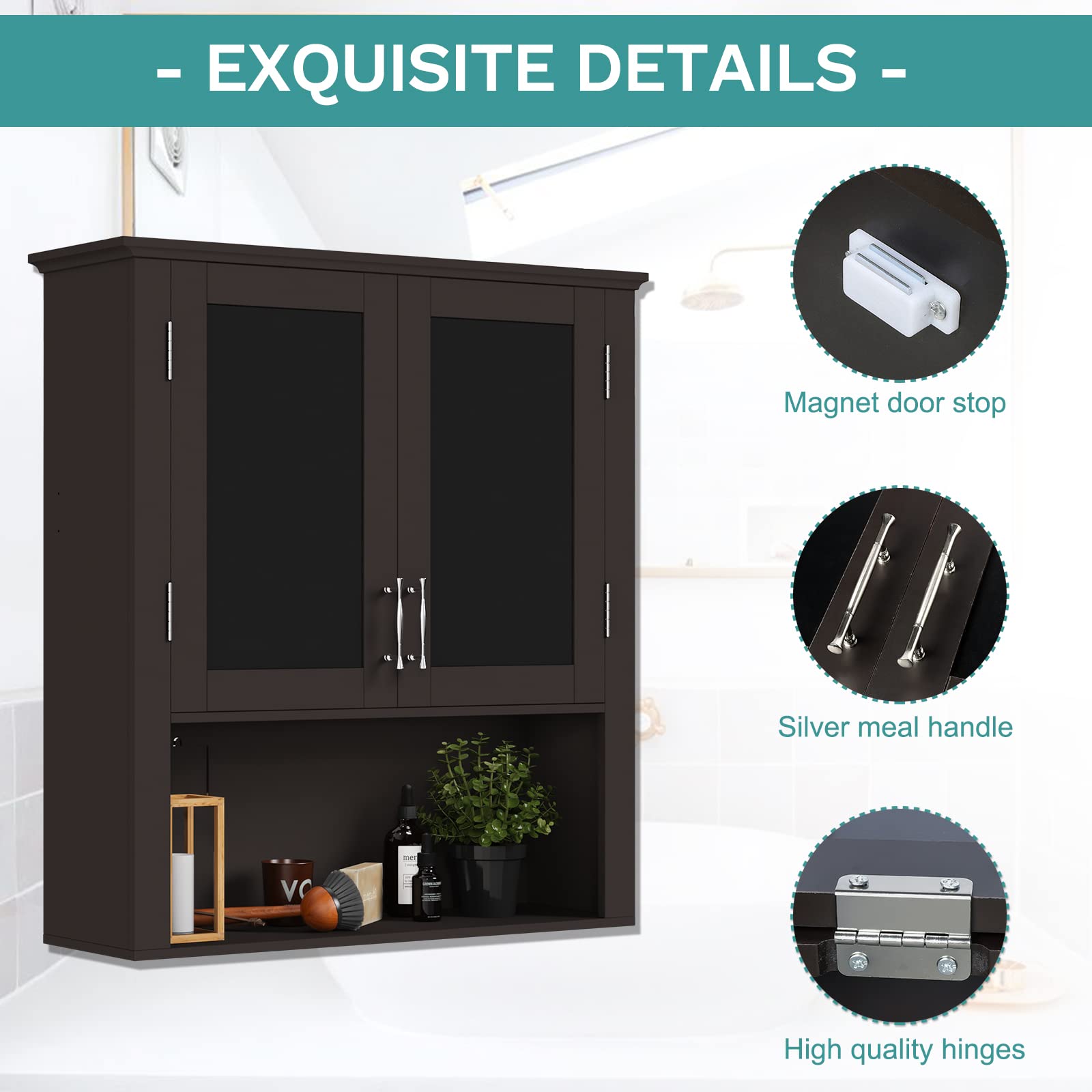 MEETWARM Wall Mounted Bathroom Cabinet with Adjustable Shelves - Double Door Wood Medicine Storage Organizer for Over The Toilet Space - Perfect for Bathroom Organization and Small Space Storage