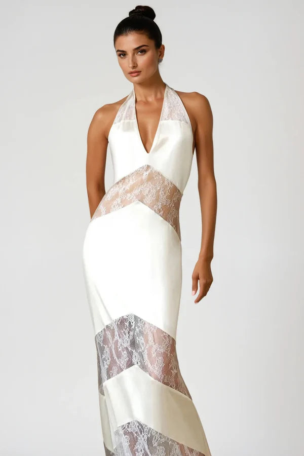 Clora Women's Satin Halter Lace Maxi Dress - Elegant White Summer Beach Wedding Party Gown for Vacation & Special Occasions