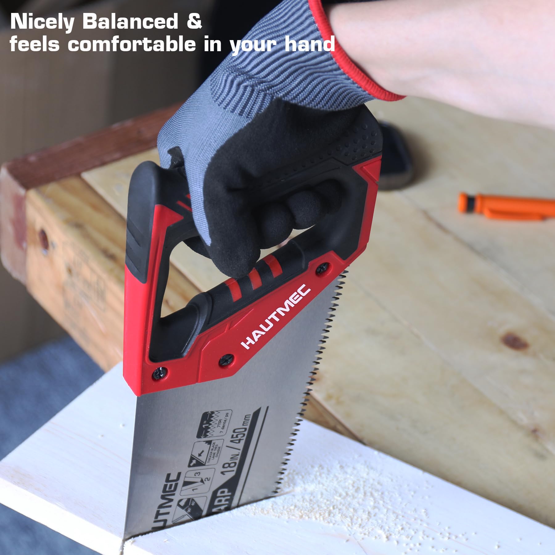 HAUTMEC 18 Inch X-Sharp Pro Hand Saw - 7 TPI Fine Wood Cutting Saw - Professional Handsaw for Woodworking, Laminate & Plastic - Rip Cut & Cross Cut Saw (HT0151) - Perfect for Carpentry, DIY Projects & Home Improvement