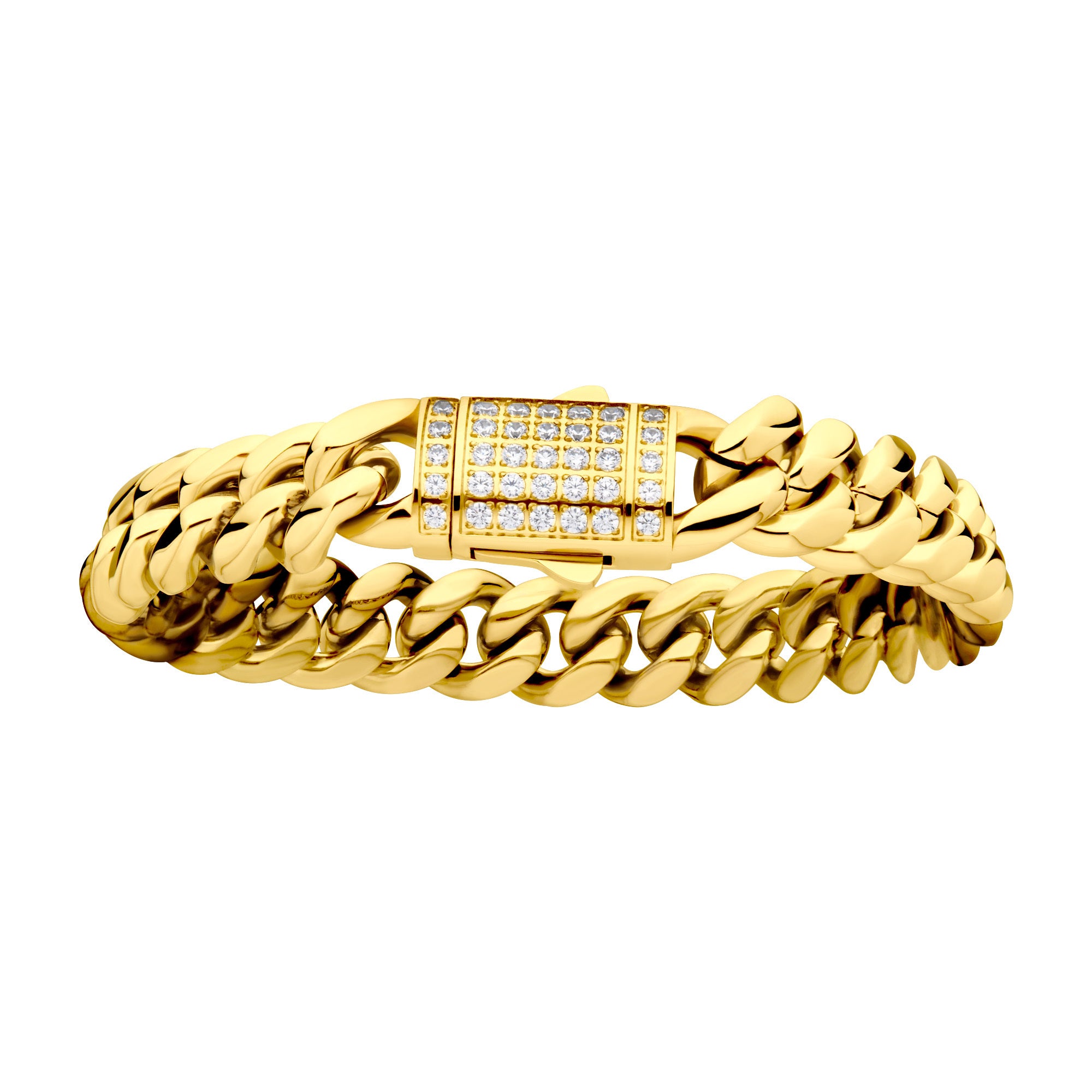 12mm 18K Gold Plated Miami Cuban Link Chain Bracelet for Men - CNC Precision Cut Cubic Zirconia with Secure Double Tab Box Clasp - Perfect for Gifts, Parties, and Everyday Luxury Wear