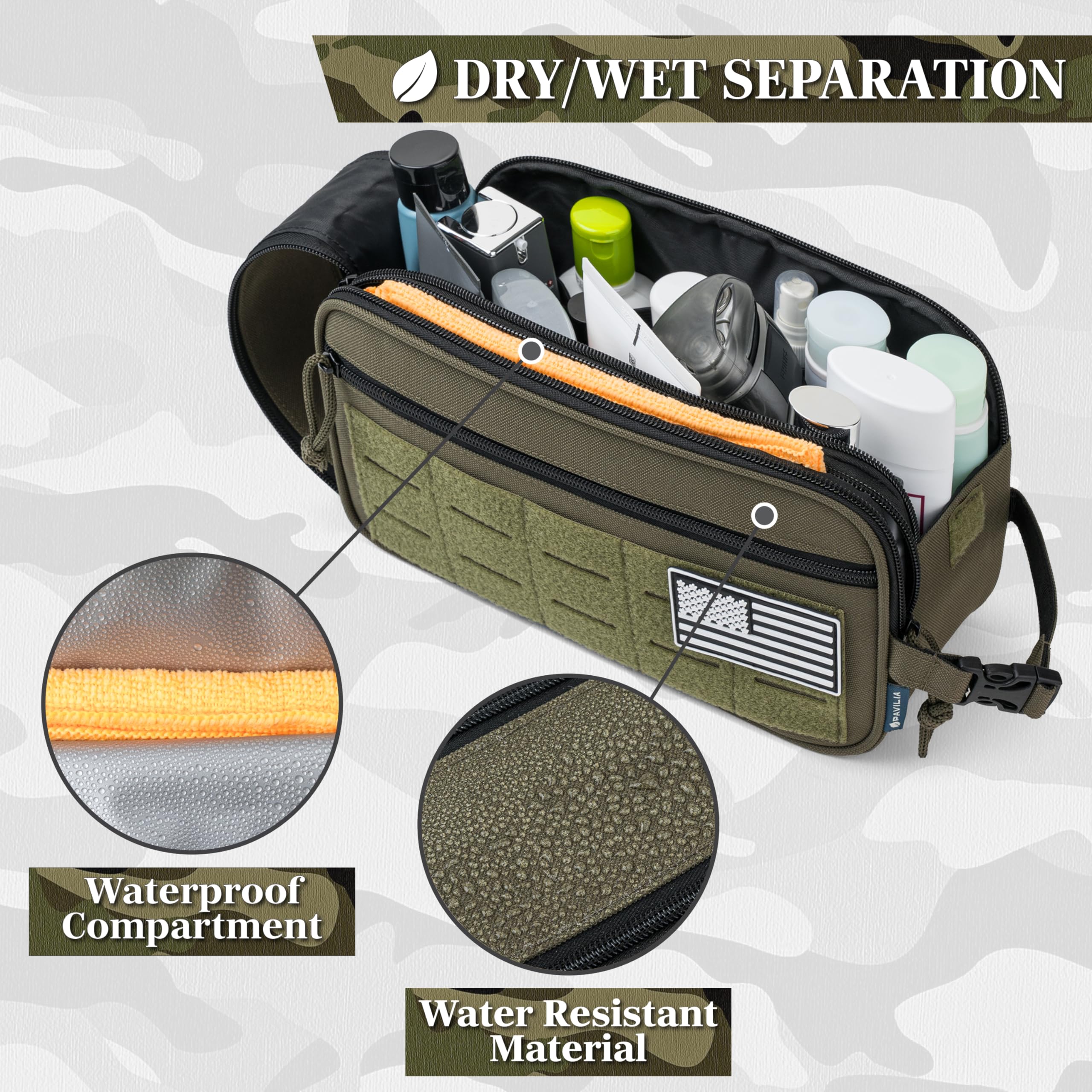 Tactical Toiletry Bag for Men - Waterproof Military Dopp Kit with Molle Pouch | Travel Shaving Grooming Essentials Organizer | Perfect for Camping, Gym & Business Trips (Olive Green)