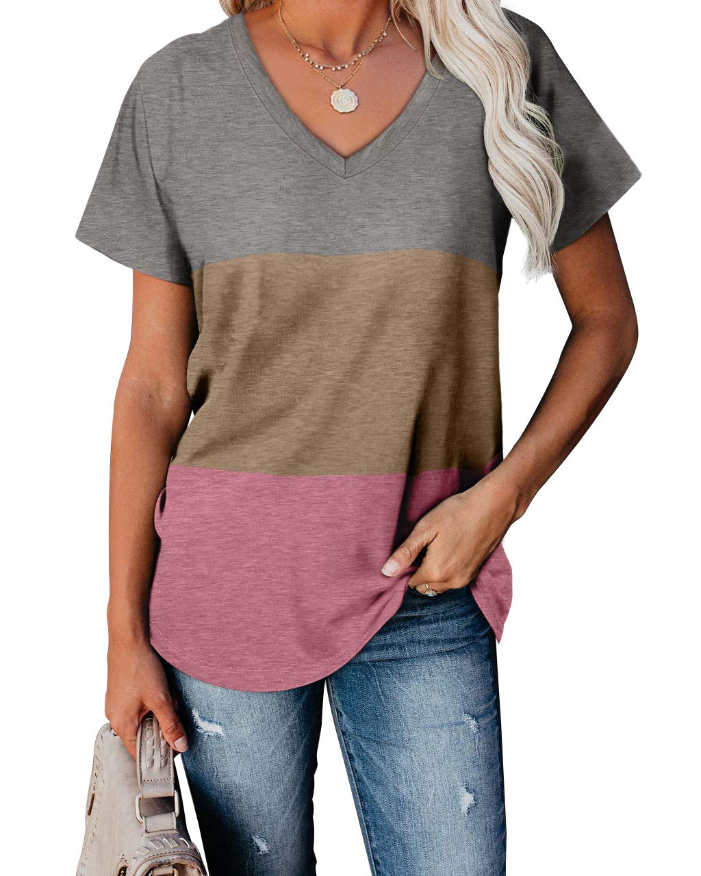 WEESO Women's V-Neck Color Block T-Shirt - Soft Summer Short Sleeve Blouse for Casual Wear, Work & Outings