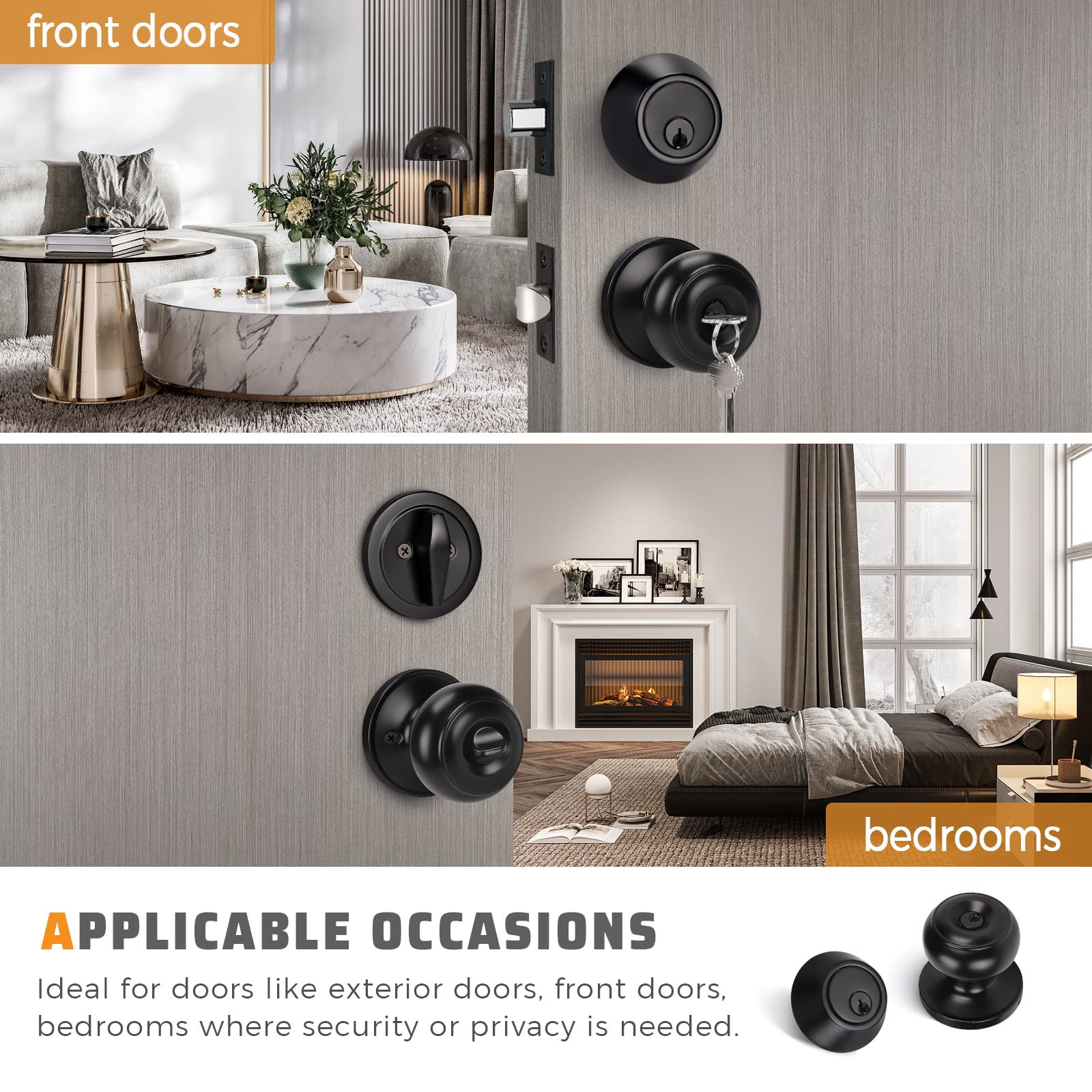 KNOBWELL 2 Pack Keyed Alike Entry Door Knob and Deadbolt Combo Set - Black Exterior Door Lock with Keys for Front Door Security | Perfect for Home, Apartment & Office Entrance Protection