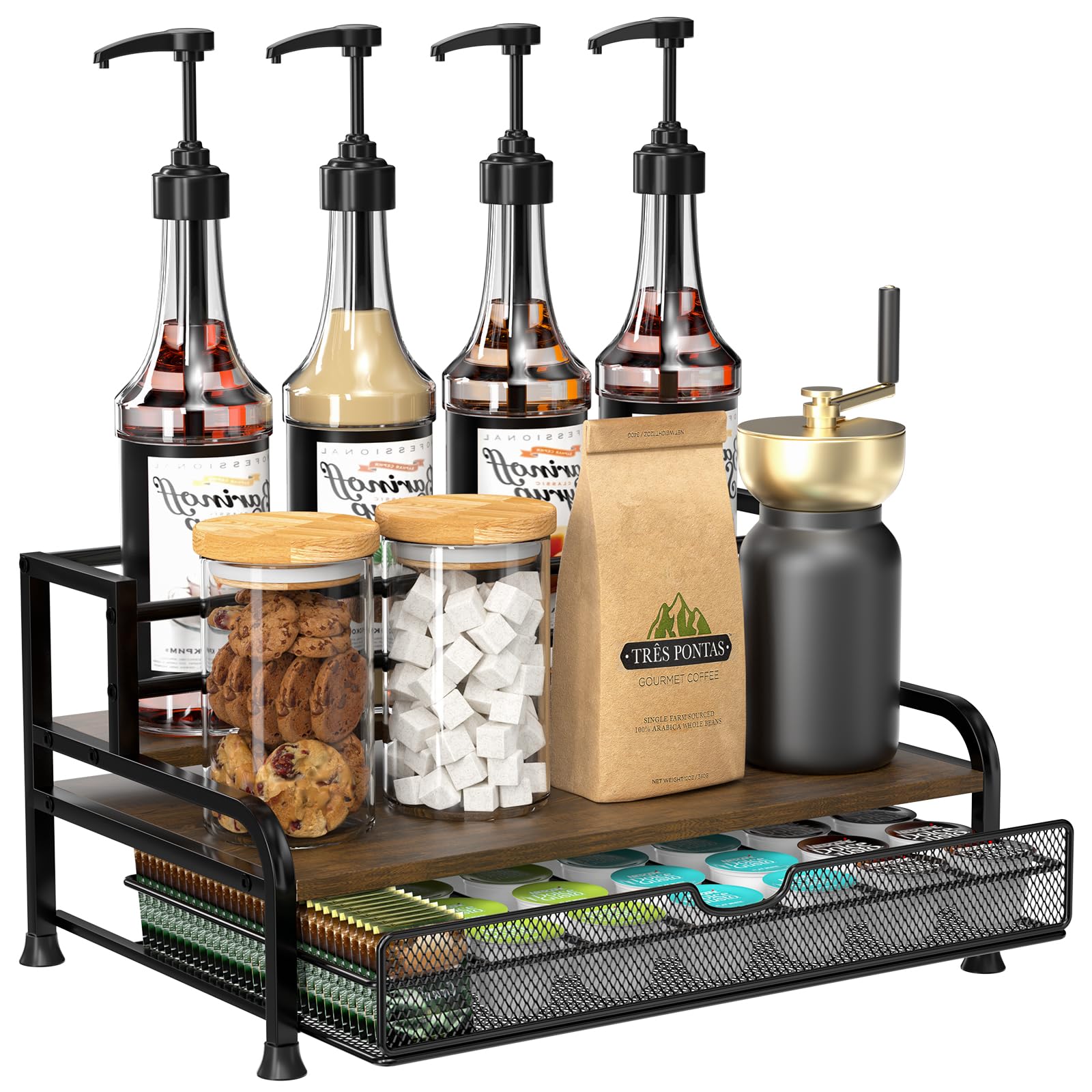 3-Tier Coffee Syrup Rack Organizer - Holds 8 Bottles & 35 K-Cups | Space-Saving Storage for Coffee Bars, Kitchens & Home Cafes | Perfect for Syrups, Wine Bottles, Salad Dressings & Coffee Pod Organization