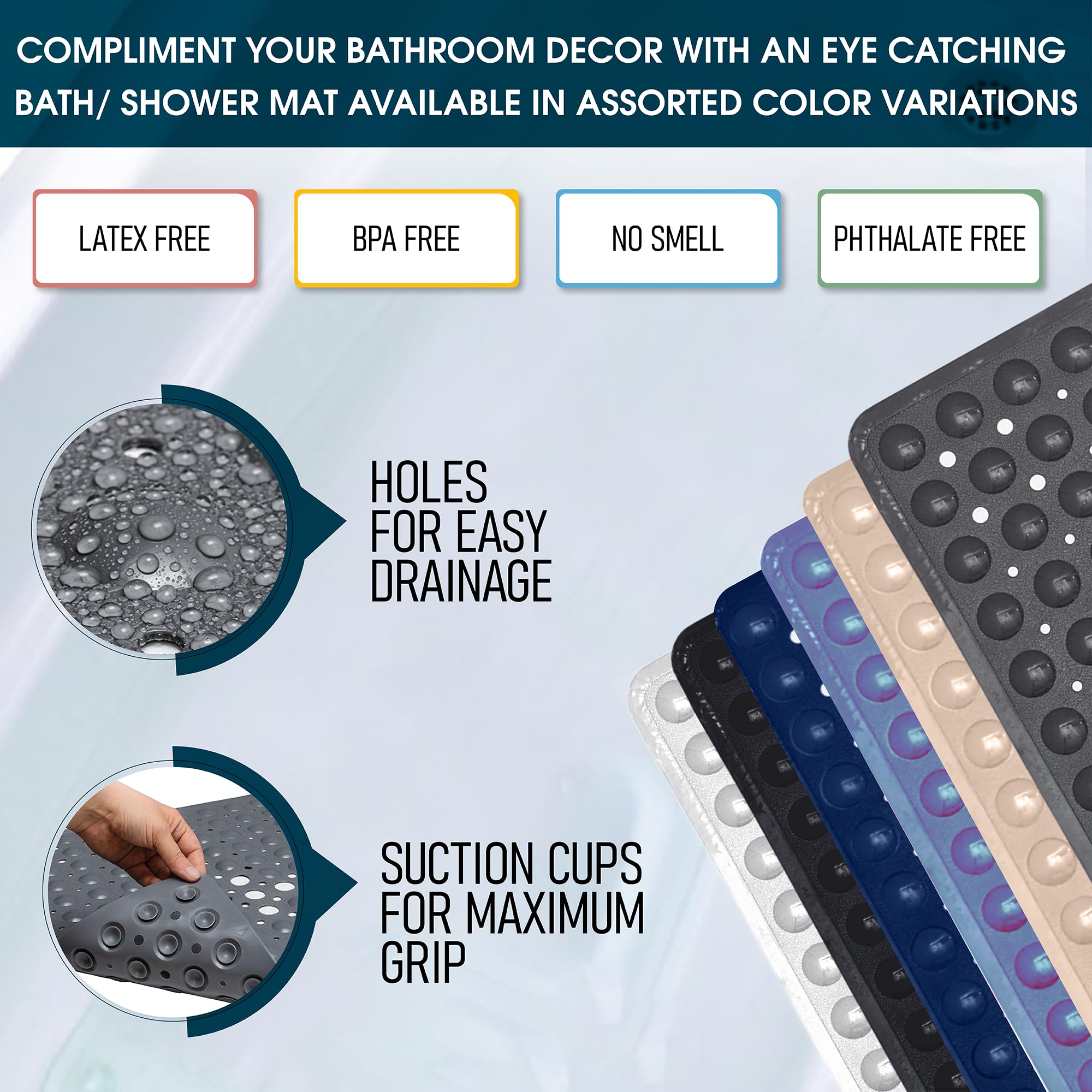 ENKOSI 21x21 Inch Non-Slip Square Shower Mat with Drain Hole - Clear Anti-Slip Bath Mat for Small Shower Stalls - Perfect for Stand Up Showers, Bathrooms & Wet Areas