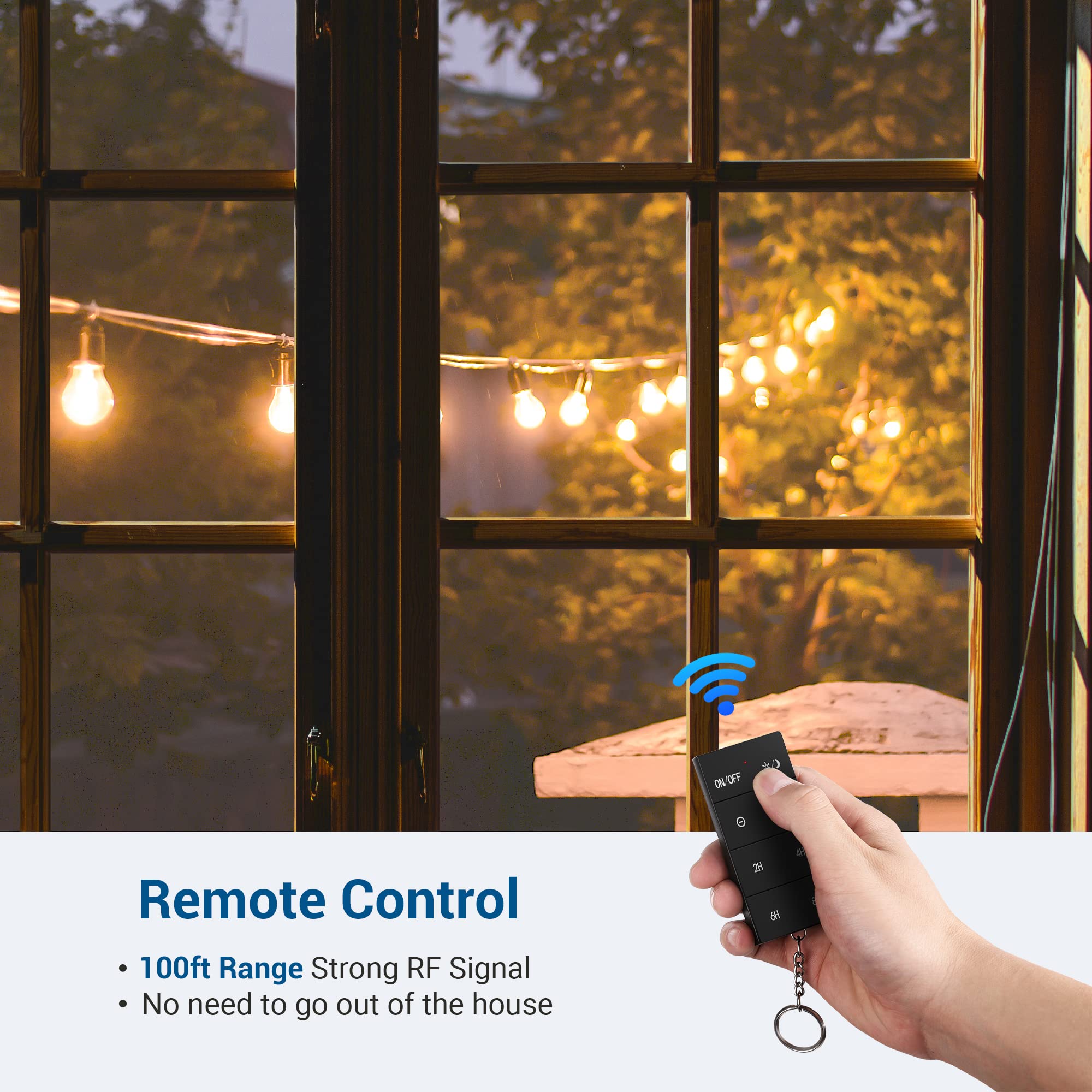 DEWENWILS Outdoor Dusk to Dawn Dimmer Switch with 100FT Wireless Remote - Smart Dimming Timer for LED String Lights & Patio Lamps | FCC Certified | Perfect for Backyard, Garden & Outdoor Party Lighting