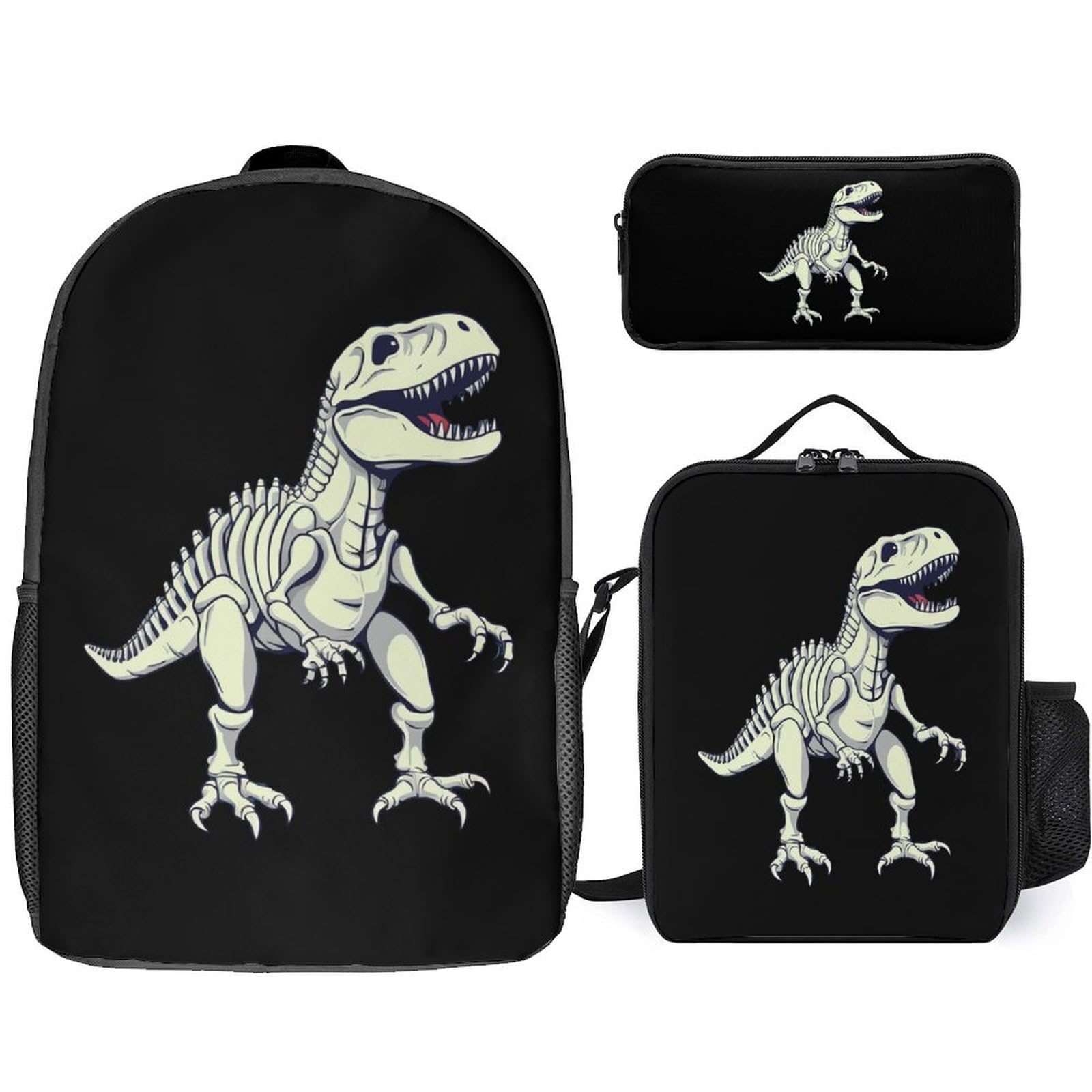 Dinosaur Skeleton T-Rex Backpack Set - 3 Piece School & Travel Backpack Combo with 17 Inch Laptop Compartment, Lunch Box & Pencil Case | Perfect for Students, Camping & Daily Use