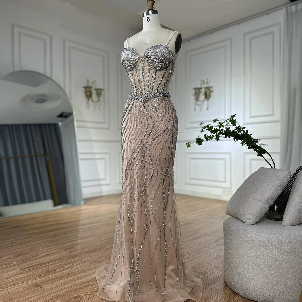 Elegant Spaghetti Strap Pearl Beaded Mermaid Evening Gown for Women - Luxury Dubai Style Formal Dress LA72865 | Perfect for Prom, Wedding, Gala & Special Occasions