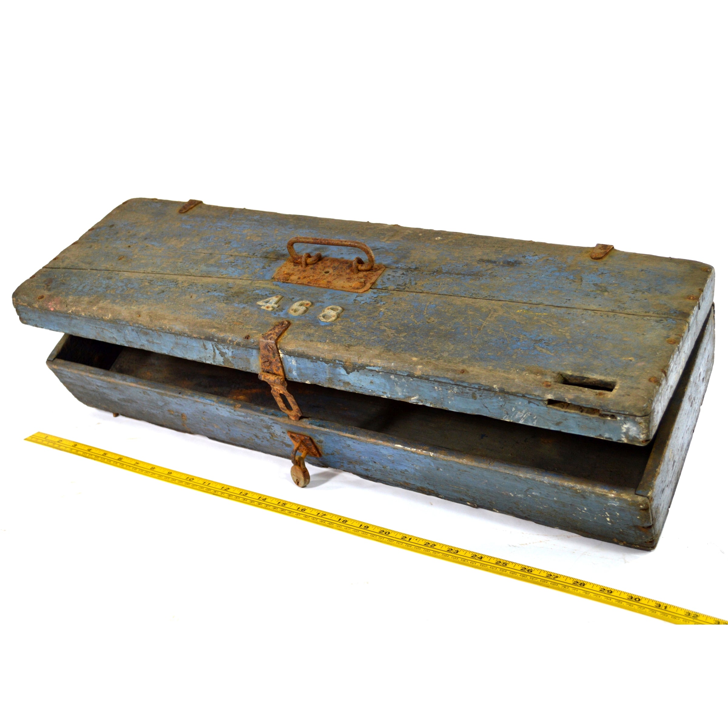 Vintage Antique Homemade Saw Tool Box No. 468 with Corbin Cabinet Co. Padlock - Blue Patina Finish | Perfect for Workshop Storage, Rustic Home Decor & Collector's Display